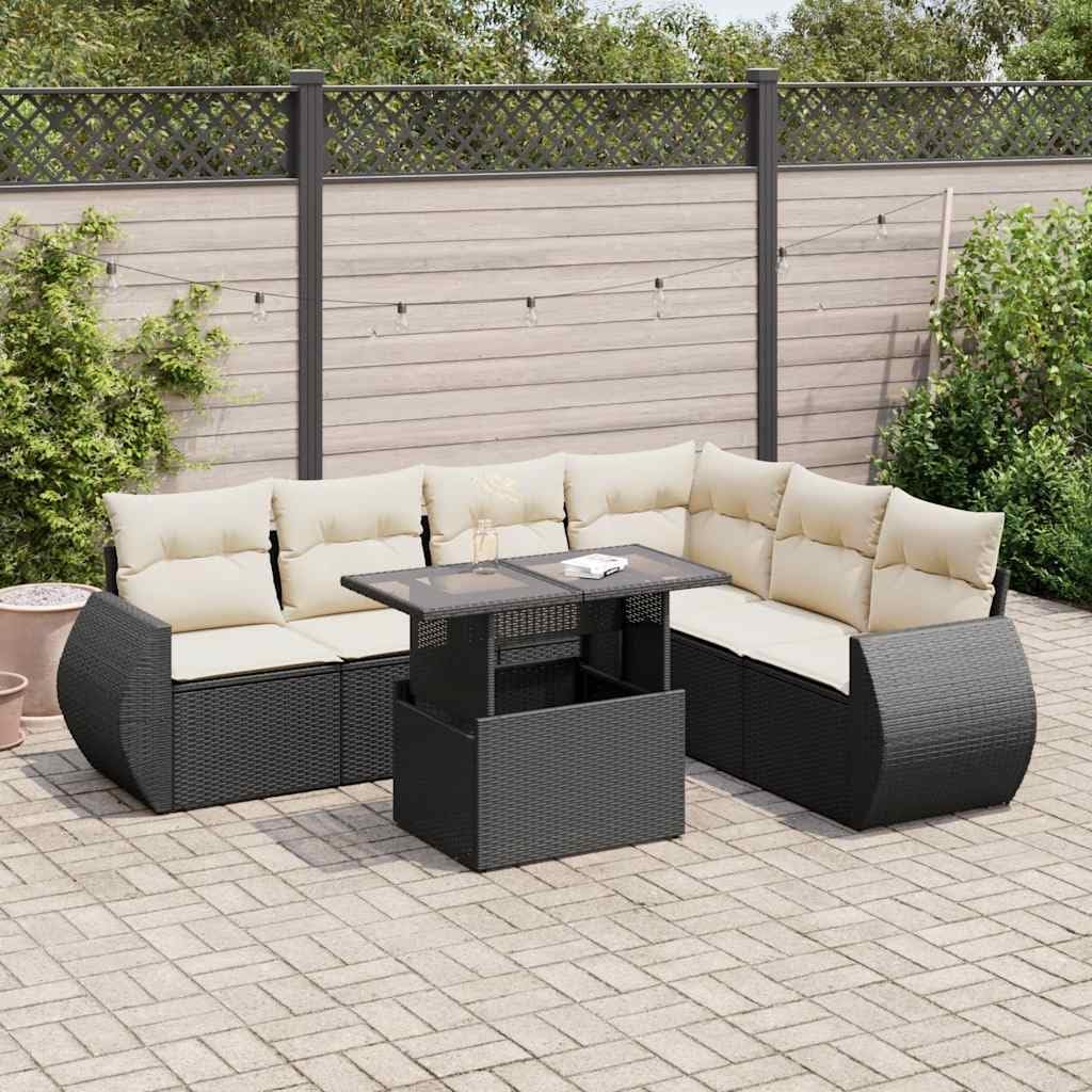 7-Piece Garden Sofa Set Black and Cream White with Adjustable Tabletop, UV Water Resistant Outdoor Furniture for Patio Balcony, Includes Storage and Plush Cushions