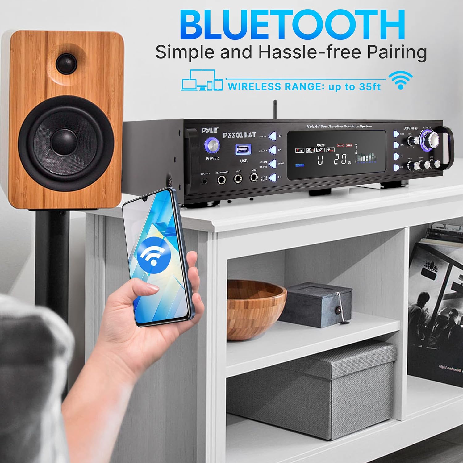 Pyle Wireless Bluetooth Home Stereo Amplifier- Hybrid Multi-Channel, 3000W Power Amplifier, Home Audio Receiver System w/ AM/FM Radio,MP3,USB, AUX, RCA, Karaoke Mic in, Rack Mount, Remote- P3301BAT.5