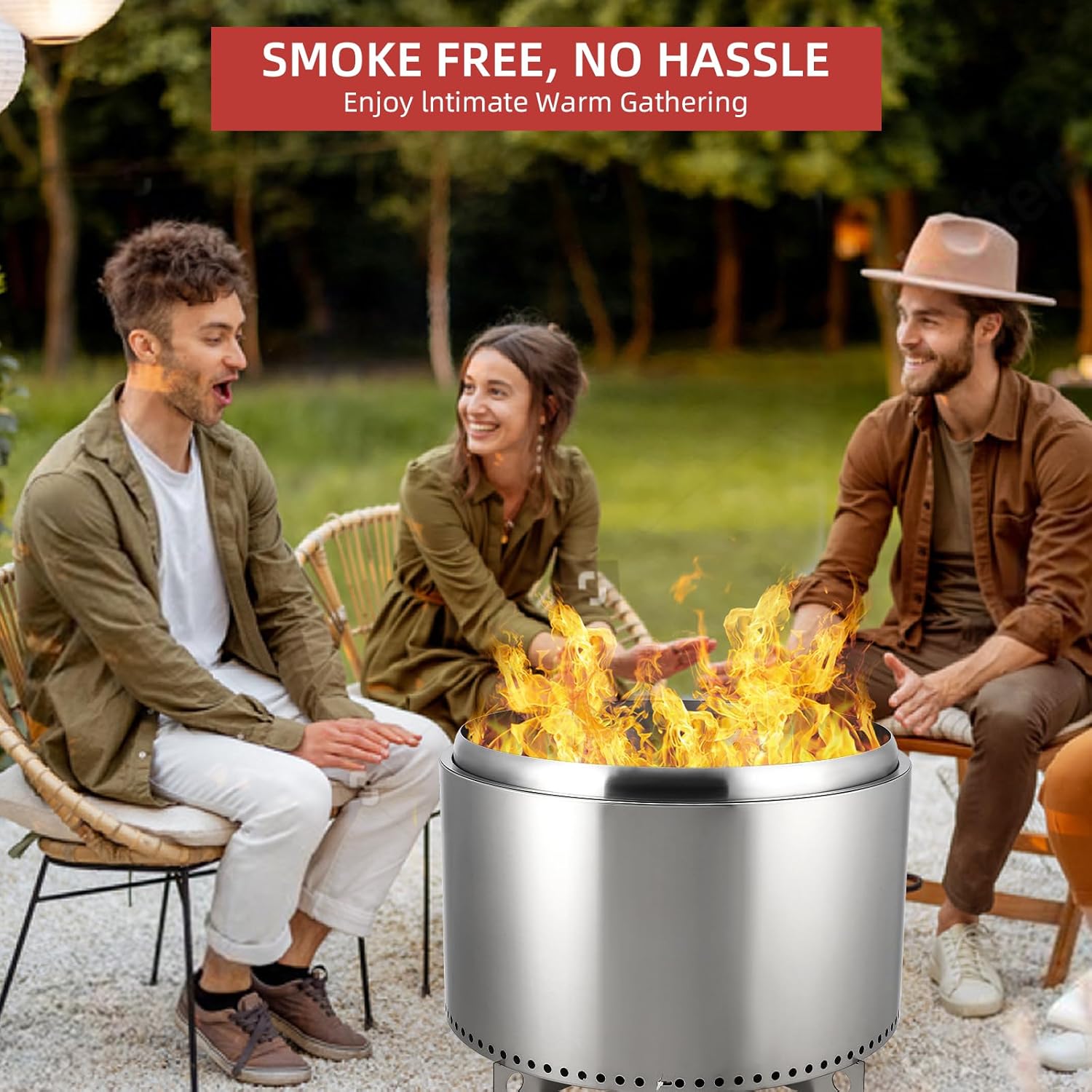 27 Inch Stainless Steel Fire Pit, Large Smokeless Fire Pit for Outdoor, Wood Burning Firepits with Removable Stand and Ash Pan, Perfect for Bonfire, Camping, Picnic, Family Gatherings for Garden