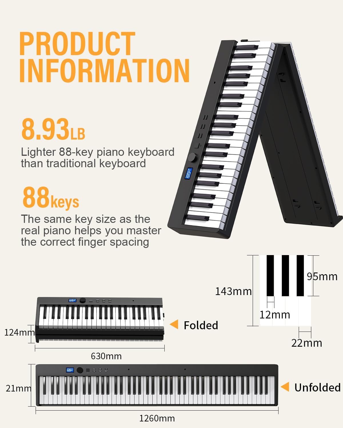 KONIX Foldable Piano Keyboard, 88 Key Full Size Semi Weighted Folding Piano Keyboard, Bluetooth Portable Electronic Keyboard Piano with Sheet Music Stand, Sustain Pedal and Piano Bag, Black