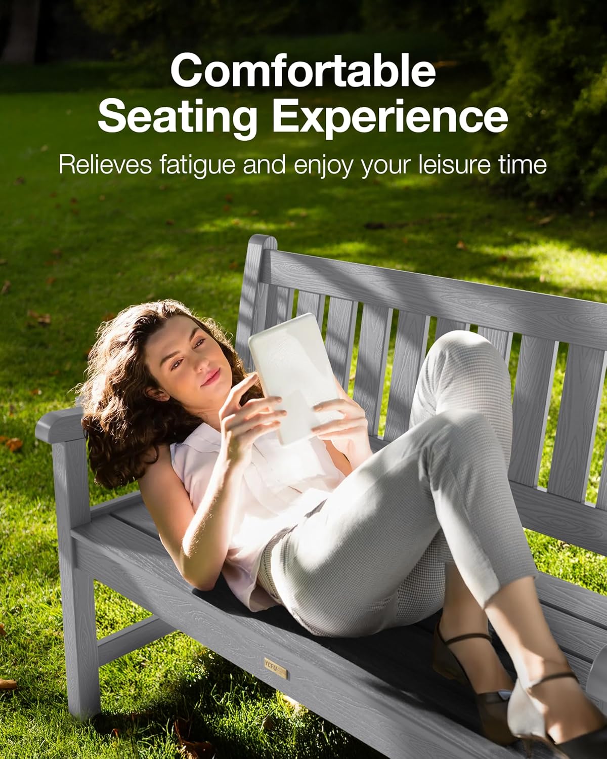 YEFU Outdoor Bench for Patio Waterproof: Heavy Duty 2-Person Garden Bench Set of 2 with 2 Cup Holders & Oversized Seating - HIPS Weatherproof Patio Benches for Front Porch Backyard Park, Grey