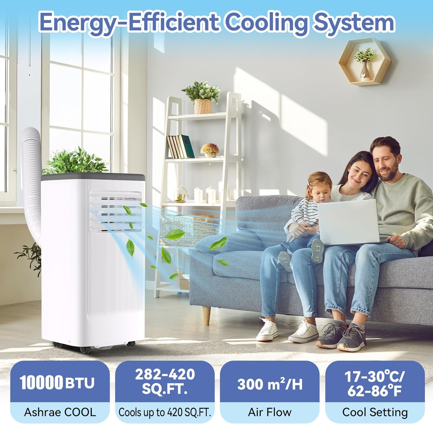 10000 BTU Portable Air Conditioner, Cools Up to 560 Sq. Ft., Portable AC Unit with Cooling, Dehumidifier and Fan Functions, Remote Control, LED Display, and Window Venting Kit Included