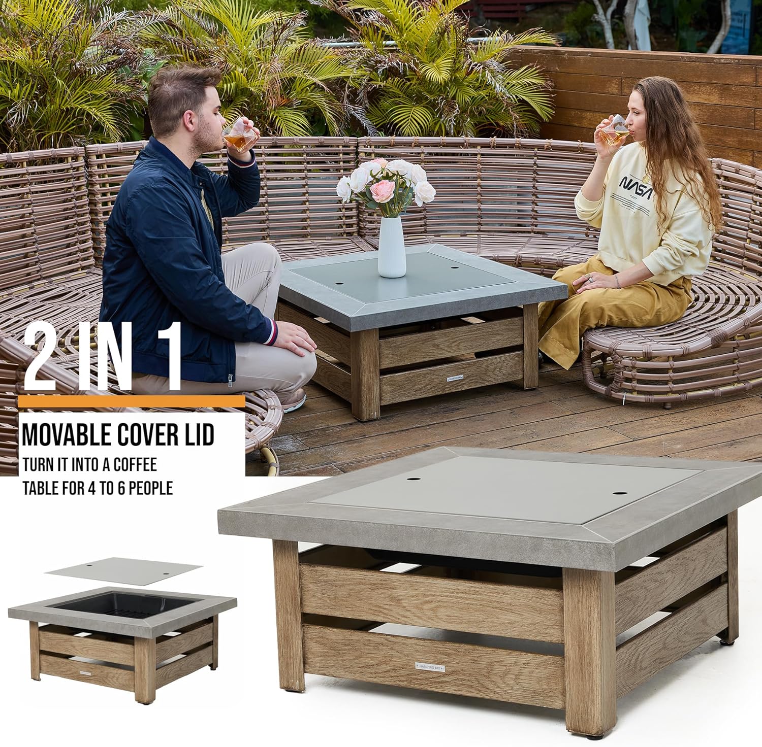 Firepits for Outside，Wood Burning Fire Pit with Wood-Grain Side Panels,Firepit for Outside with Mesh Cover & Fire Poker,Square Modern Outdoor Fireplace Fire Table. (Countryside)