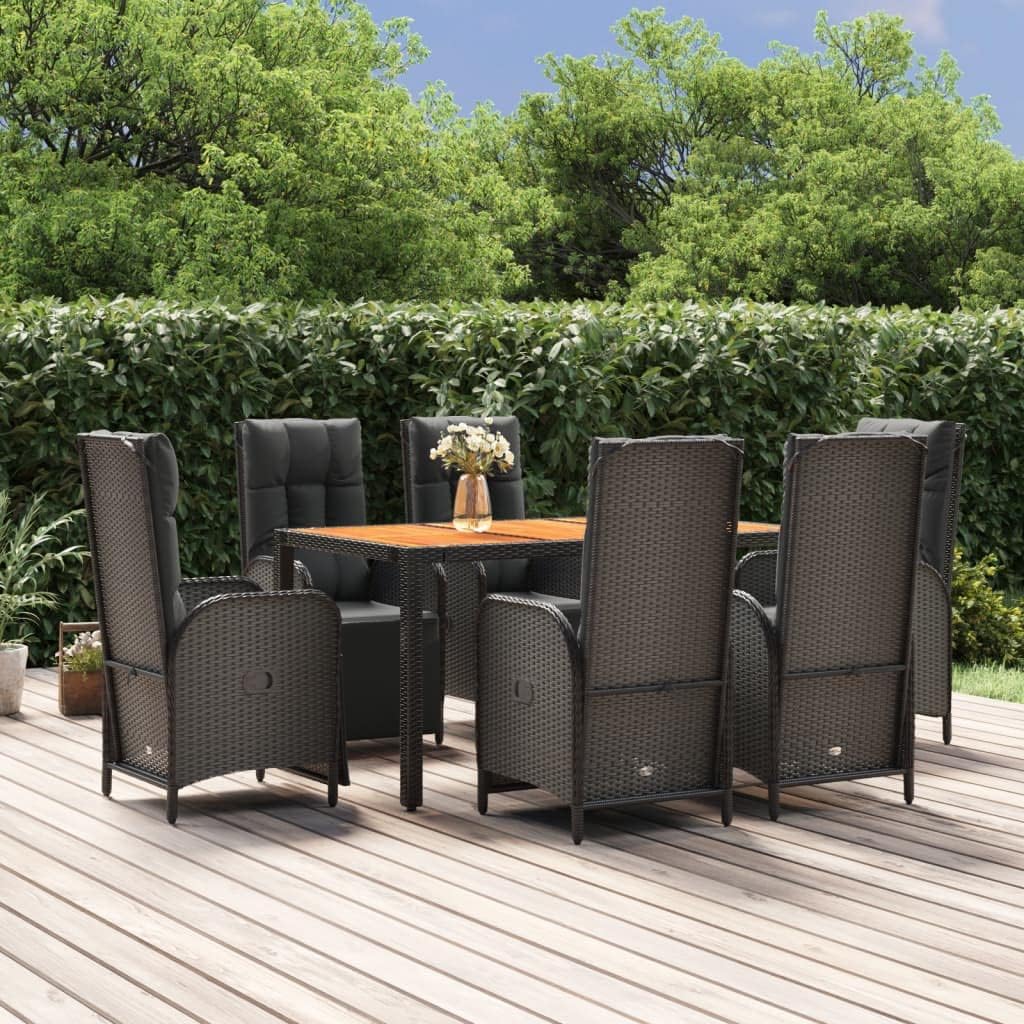 Furniture Sets 7 Piece Patio Dining Set with Cushions Black Poly Rattan,Outdoor Dining Set with Reclining Chairs and Acacia Wood Table in Black Garden Conversation Sets