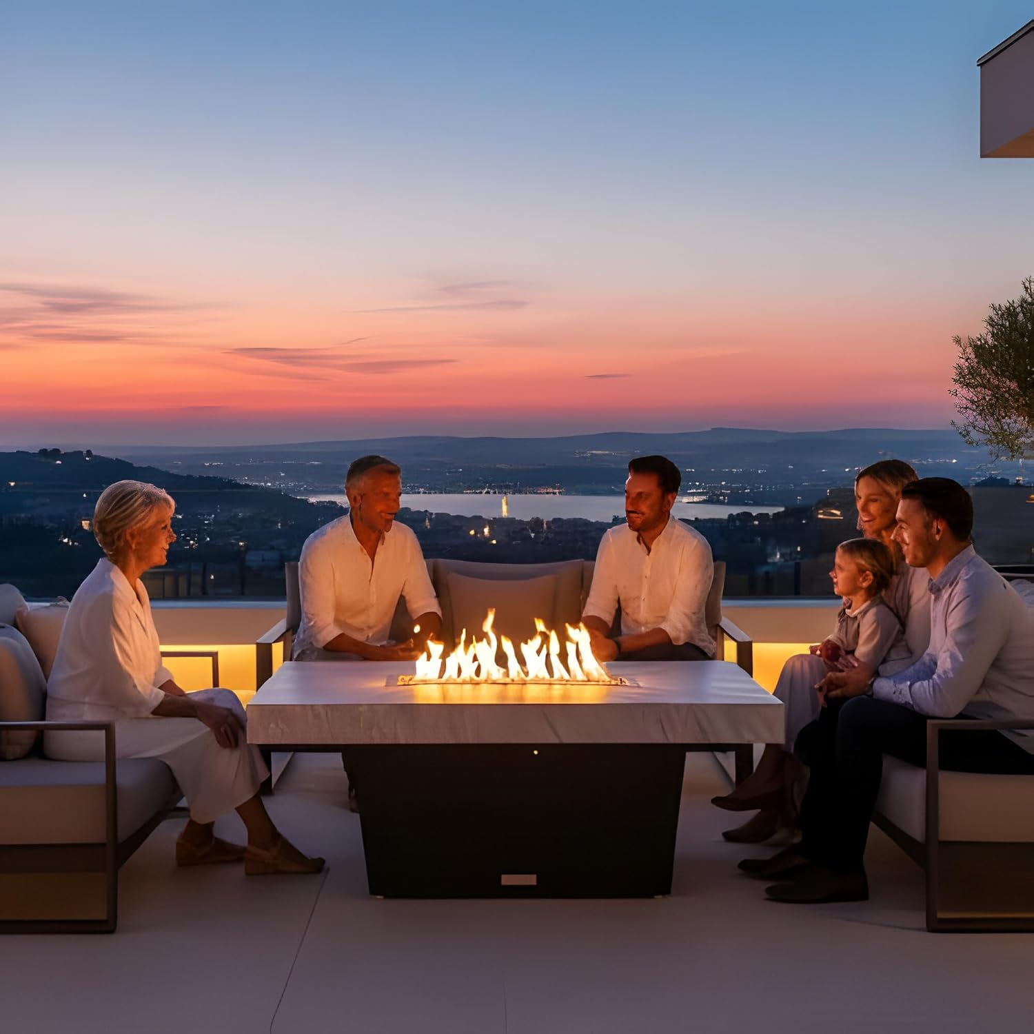 COOKE Palisades Rectangular Fire Pit Table - 52x36 - Chat Height - Propane - Brushed Aluminum Powdercoat Top with 6cm Edge - Black Powdercoat Base