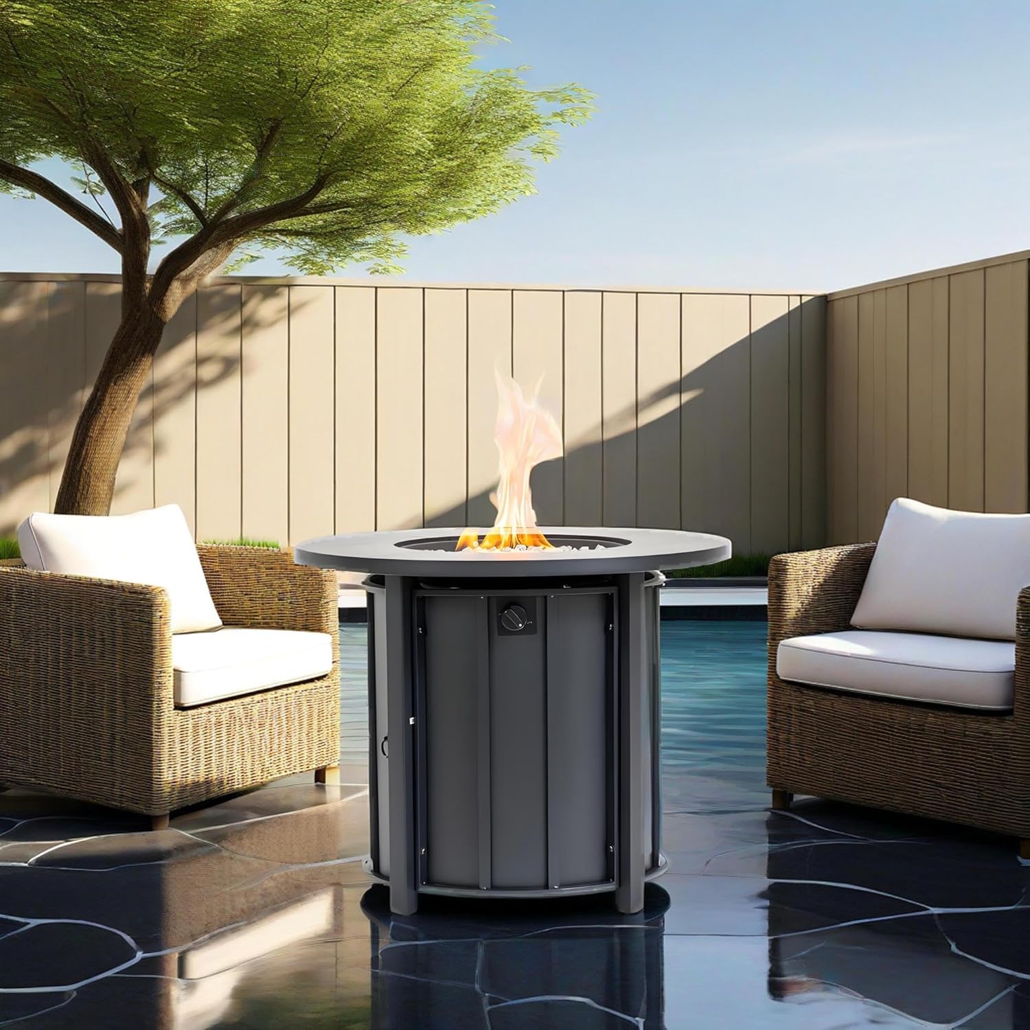 30-inch Propane-Fueled Fire Table 50000BTU Output Ceramic Wood-Grain Top Durable Metal Frame Integrated Burner System with Ignition and All-Weather Protection