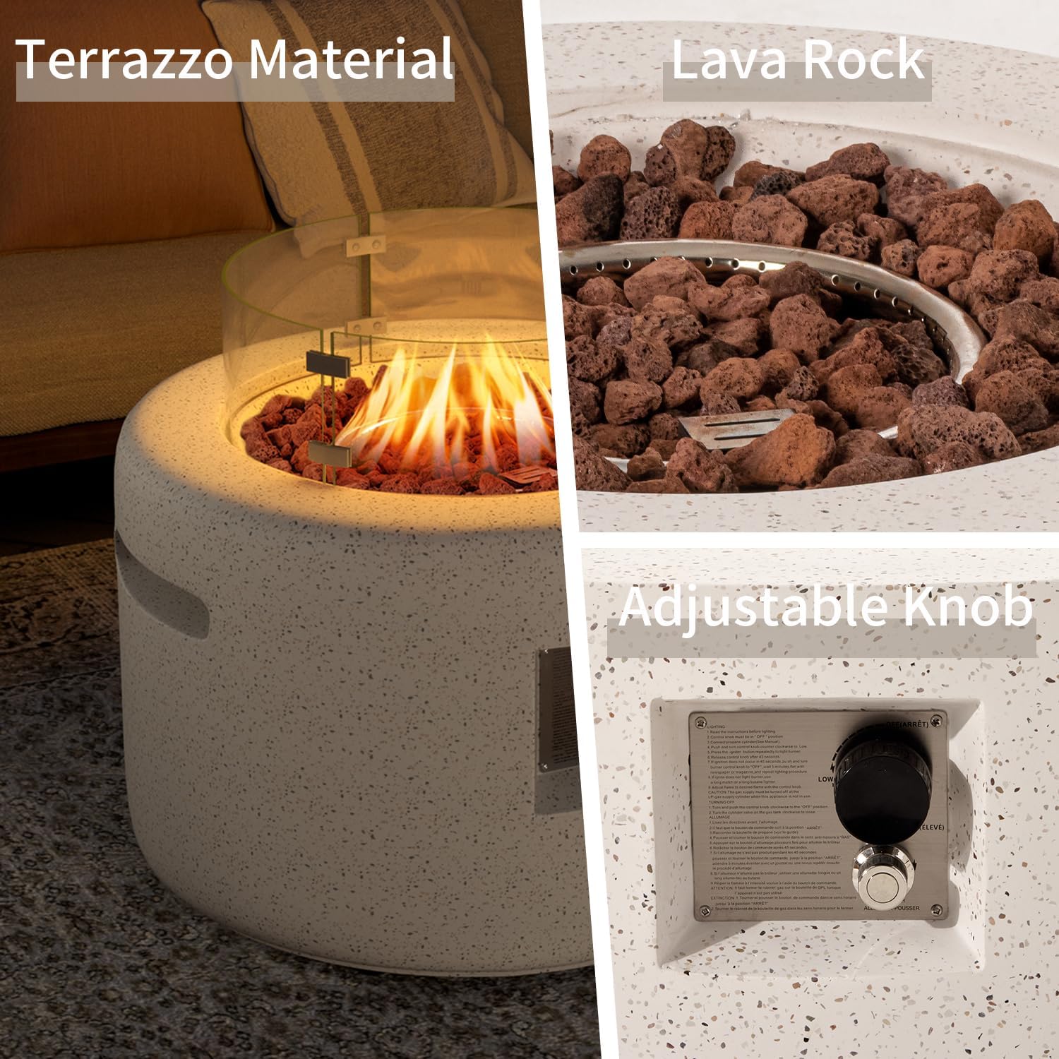 SUNBURY Outdoor Propane Fire Pit Table, 26 Inch Small Patio Gas Fire Table 50,000 BTU Column Fire Pit for Outside in Spotted White w Glass Wind Guard, Lava Rocks