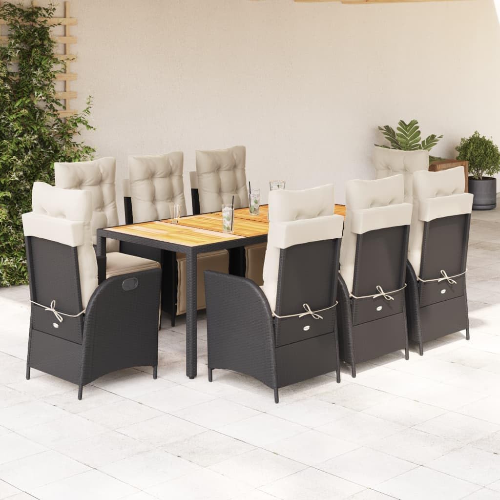 Furniture Sets 9 Piece Patio Dining Set with Cushions Black Poly Rattan,Outdoor Dining Set with Adjustable Recliners and Durable Tabletop for Patio and Garden Garden Conversation Sets