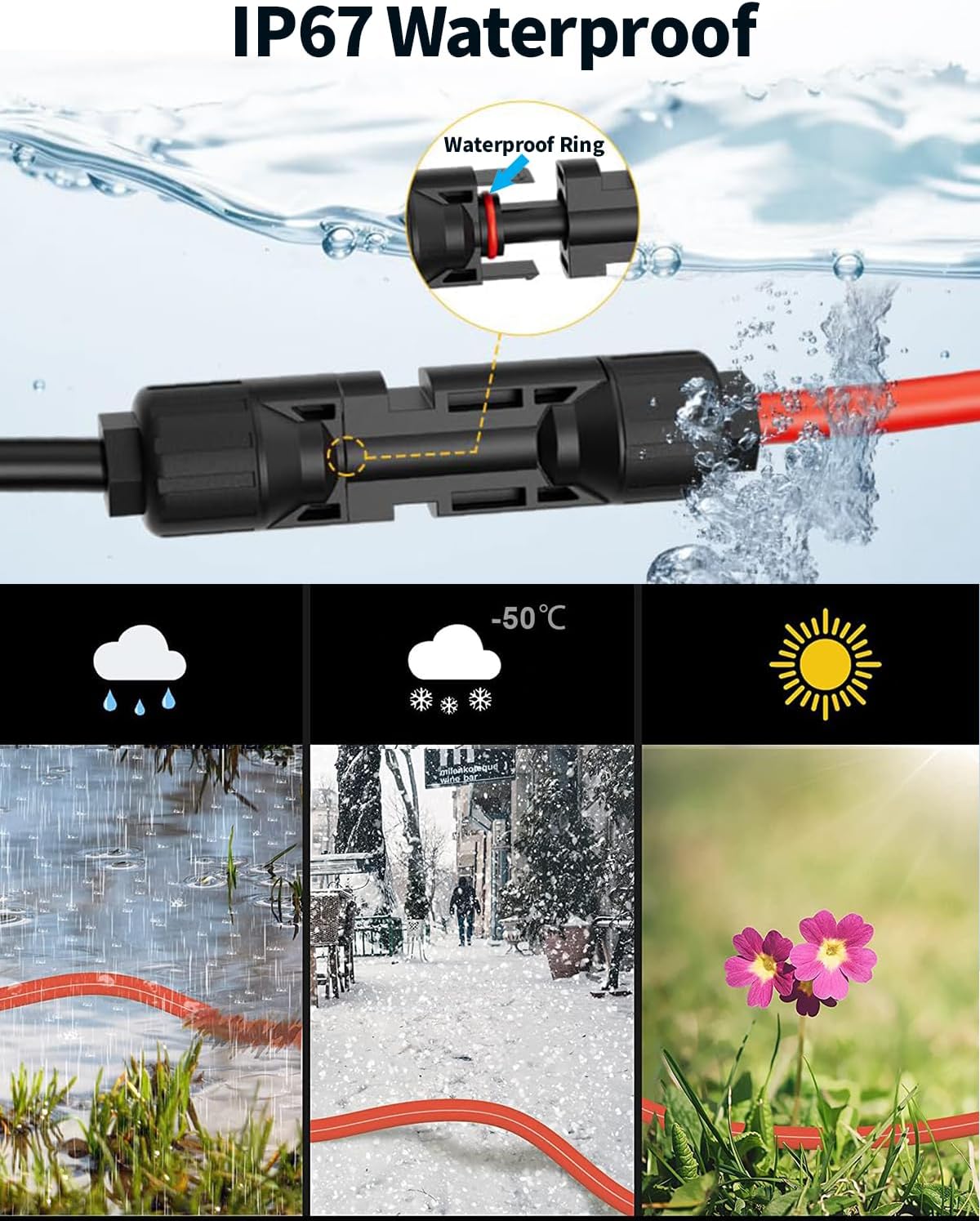 50Ft 10AWG Solar Panel Extension Cable - Tonton 6mm² One-Piece Solar Wire with IP68 Male and Female Connectors, Heavy-Duty PV Cable for Home, RV, and Photovoltaic Systems (10AWG 50FT 15M)