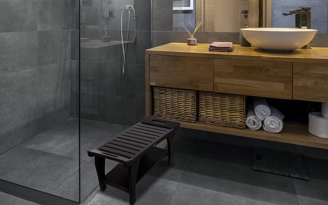 DecoTeak Tranquiity 30 Inch Brown Waterproof Teak Wood Shower Bench Stool Seat Chair for Inside Shower Provides Safety, Storage, and Organization for Bathroom Accessories