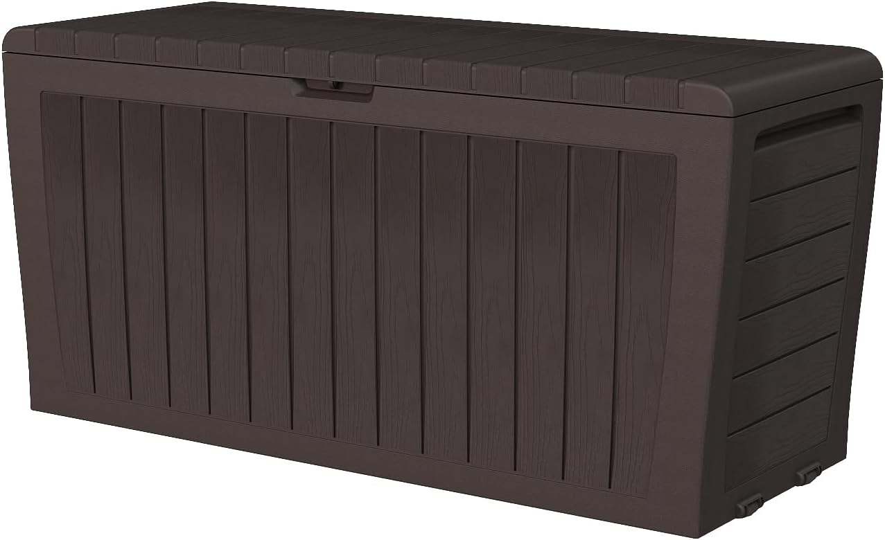 71 Gallon Resin Deck Box，Outdoor Storage Box, Waterproof Lockable Large Storage Bench for Patio Furniture, Pool Accessories & Garden Tools, Brown