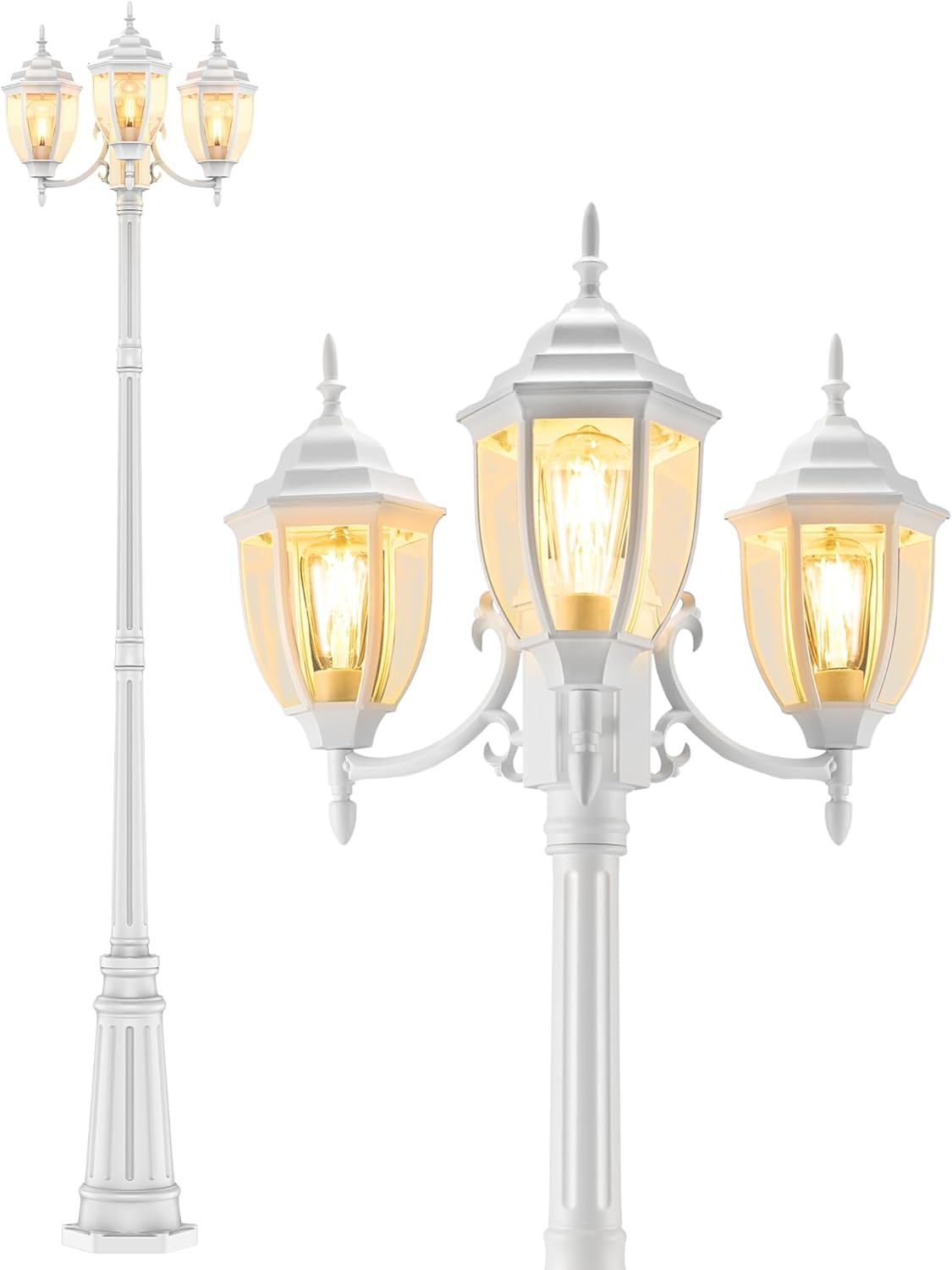 Lamp Post Outdoor Lighting, 3-Head White Hard Wired Pole Light for Outside, E26 Base Maximum 100W (Bulb Not Included), Waterproof Street Light Fixture for Yard, Garden, Driveway (Classic)