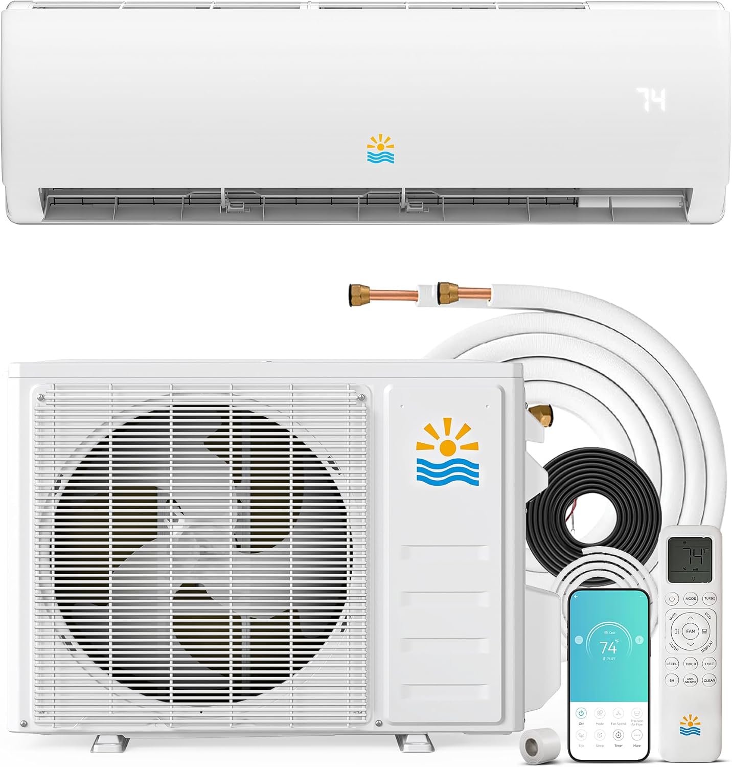 18000 BTU Wifi Mini Split AC/Heating System with Inverter, 21 SEER2 Cools Up to 1250 Sq.Ft Energy Saving 230V Ductless Split Air Conditioner Unit with Heat Pump & Installation Kit, White