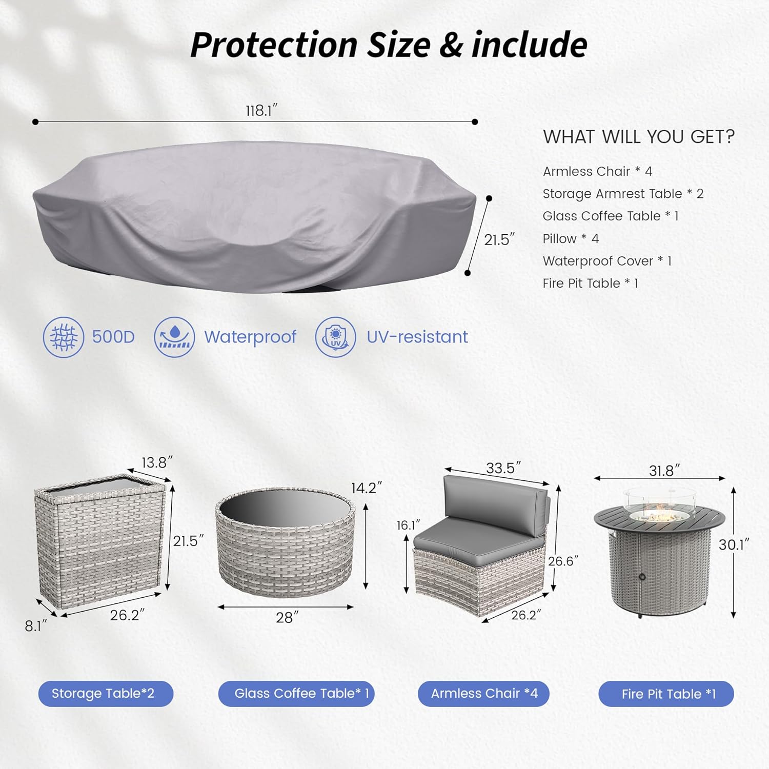 Patio Sectional Furniture Outdoor 8-Piece Grey Rattan Curved Sofa Set with Fire Pit Table,Storage Table,Pillows,Fit for Pool Backyard Balcony Porch Lawn (Grey)