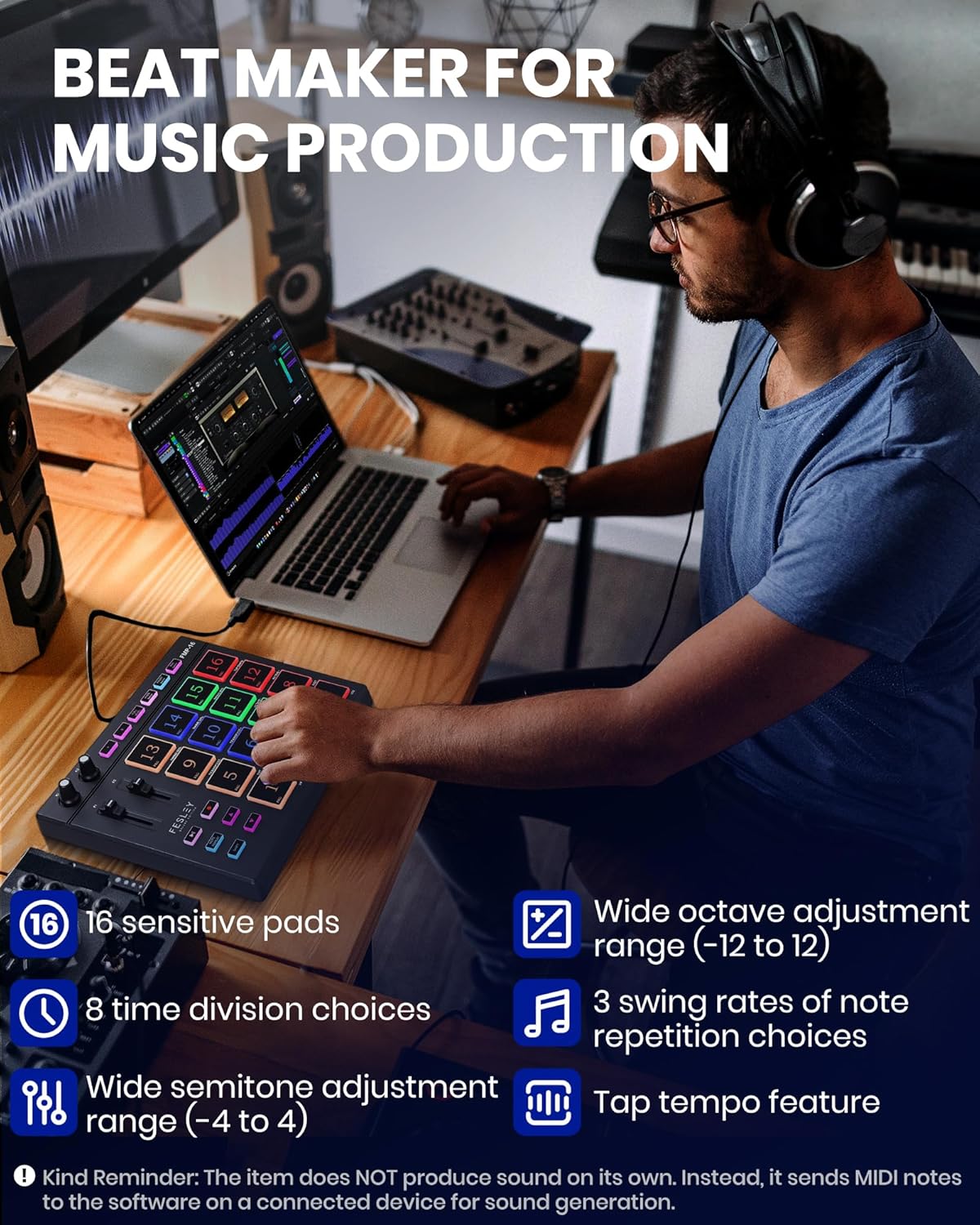 Fesley MIDI Controller Professional, Beat Maker Machine with 16 Beat Pads, MPC with 2 Assignable Fader & Knobs, Portable MIDI Pad Controller, Beat Machine for Music Making
