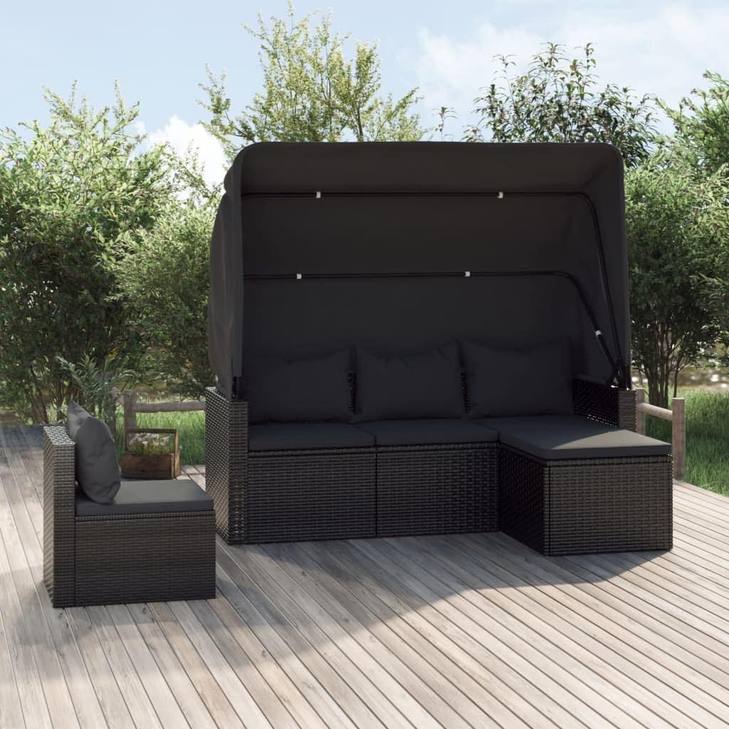 4 Piece Patio Sofa Set with Cushions Black Poly Rattan,Outdoor Patio Furniture Set with Adjustable Roof and Cushions for Comfort and Durability Furniture Sets for Patio, Lawn & Garden