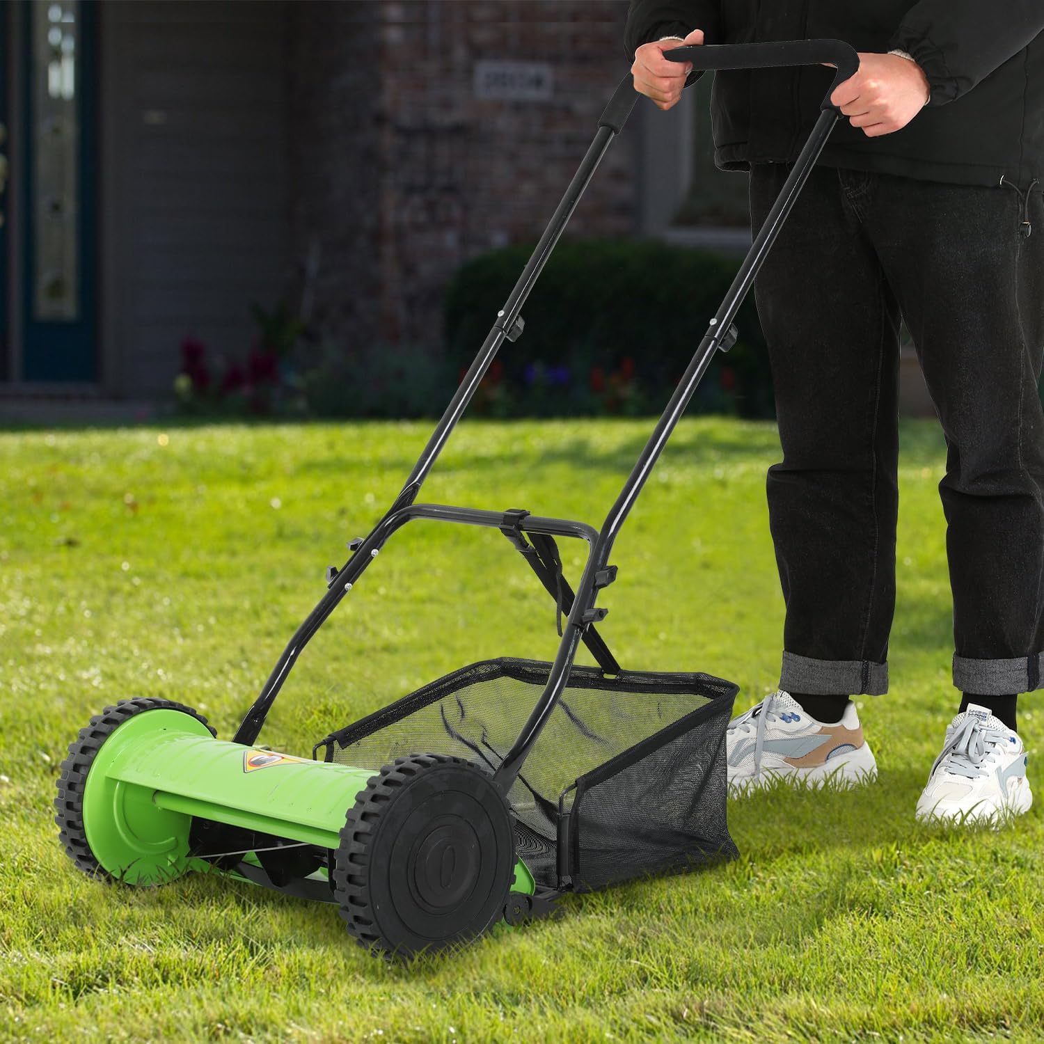 Manual Lawn Mower Push Mower, 15-Inch 5-Blade Reel Mower Lawn Mowers with Grass Catcher, Grass Mower for Garden Yard, Cutting Height Adjustment, 2 8.5Inch Wheels