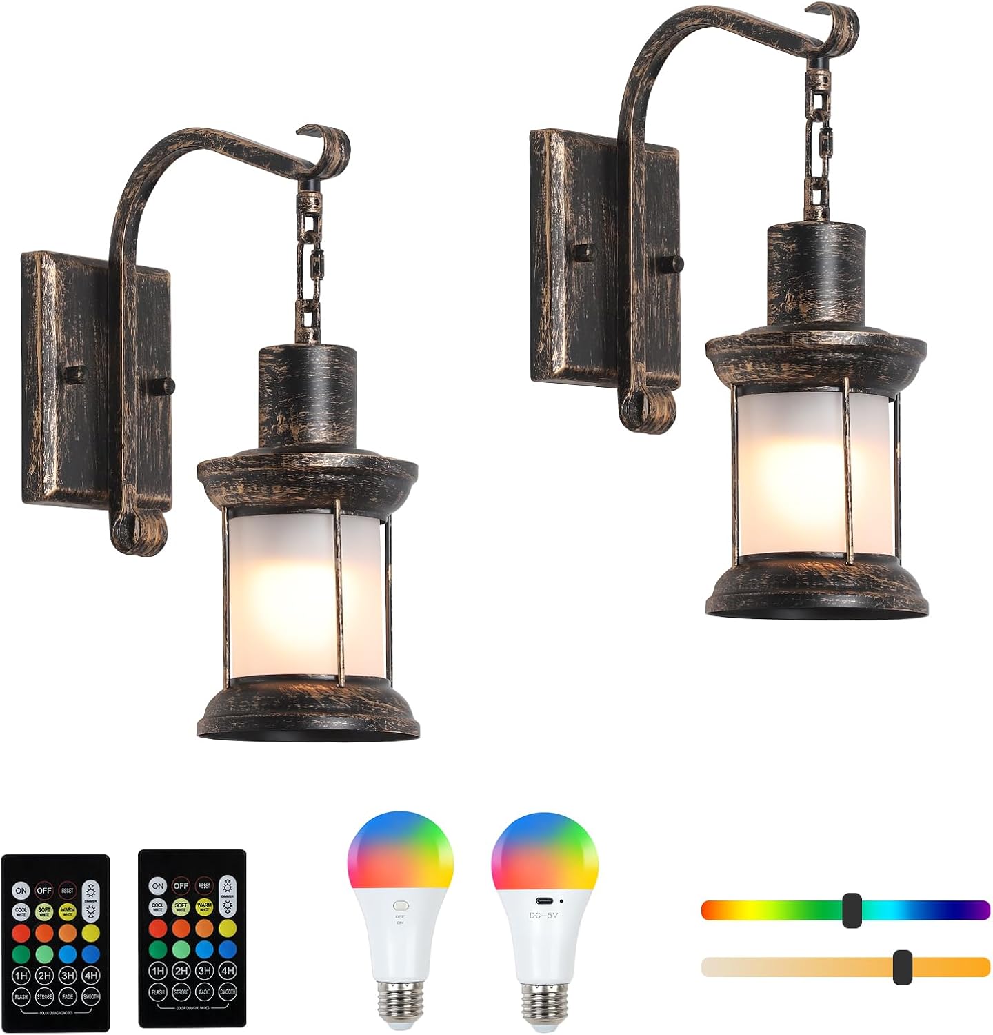 HMVPL Rustic Battery Operated Wall Sconce Set of 2, Wireless Wall Sconces with Remote Control, Rechargeable RGB Bulbs, Dimmable Retro Wall Lamp for Bedroom, 8 Colors Vintage Wall Light for Living Room