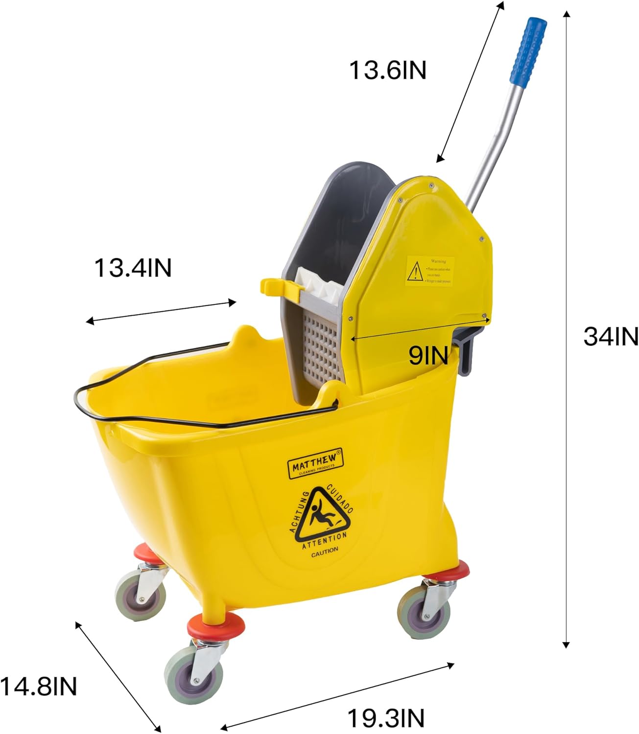 MATTHEW CLEANING 34Quarts Commercial Mop Bucket INCL.Wet String Mop with Down Press Wringer On Wheels,Industrial Heavy-Duty Floor Cleaning w/Handle, Mop Bucket for Home,Offices,Commercial, Restaurants