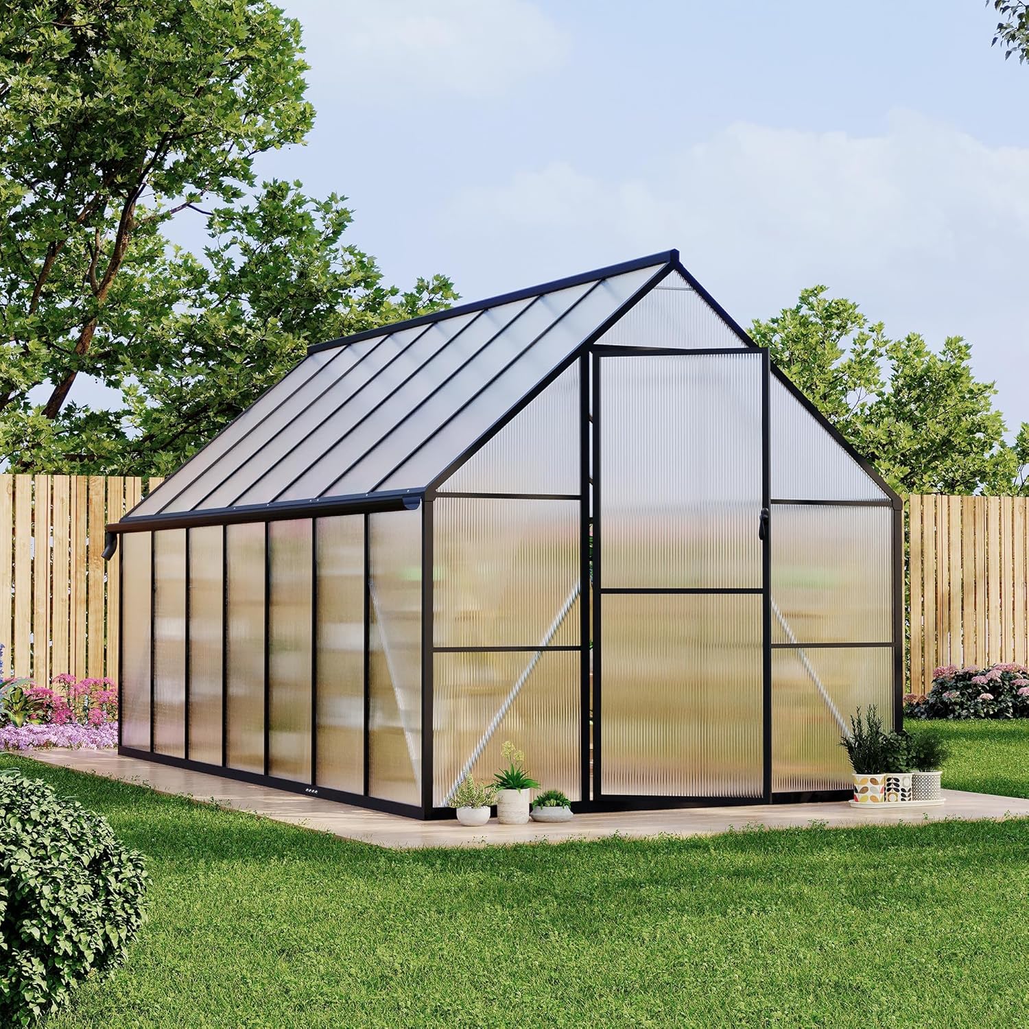 CABIHOME 8x14 FT Greenhouse for Outside, Polycarbonate Greenhouse with Quick Setup Structure and Roof Vent for Outside Garden Backyard, Patio, Black