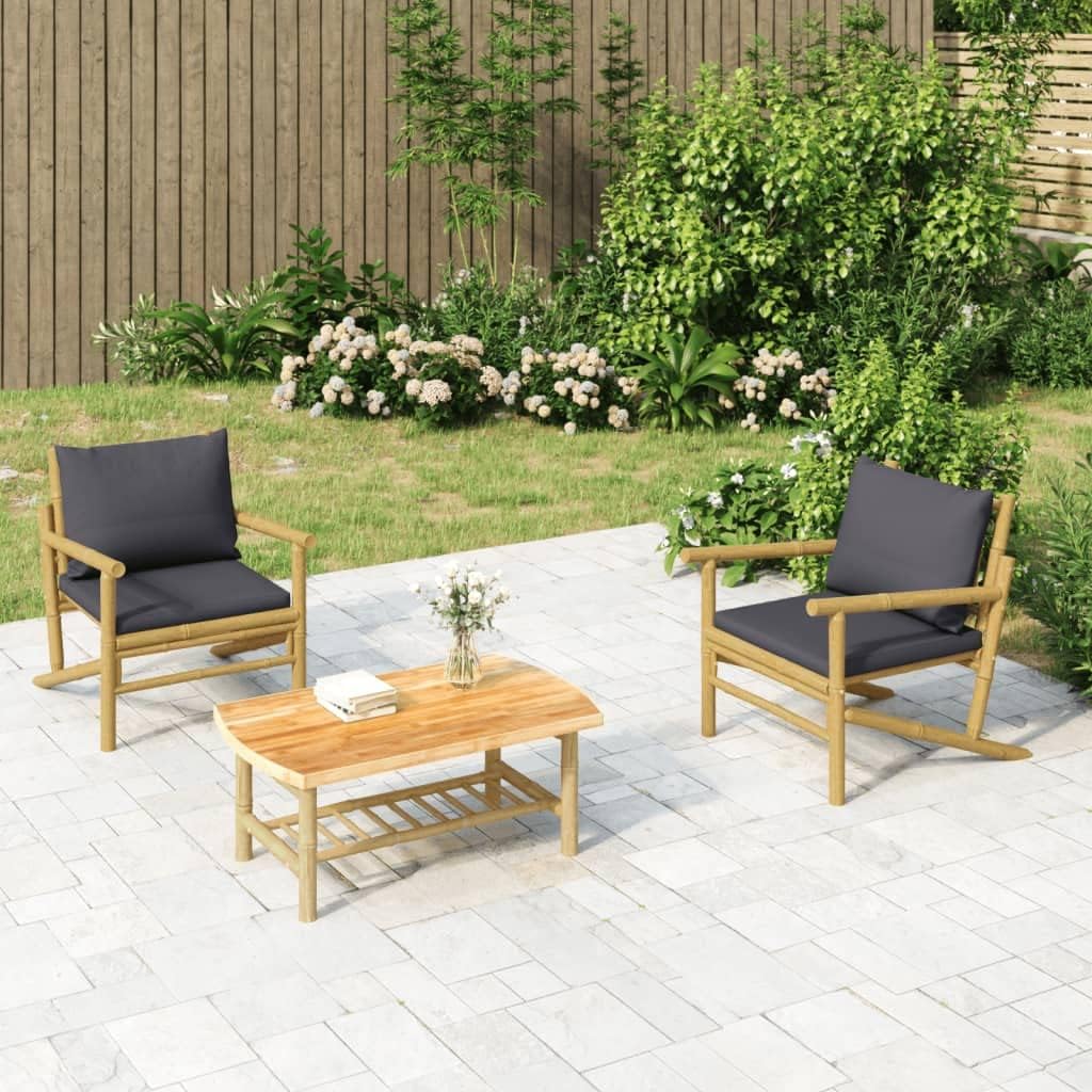 3 Piece Patio Lounge Set with Dark Gray Cushions Bamboo Garden Furniture
