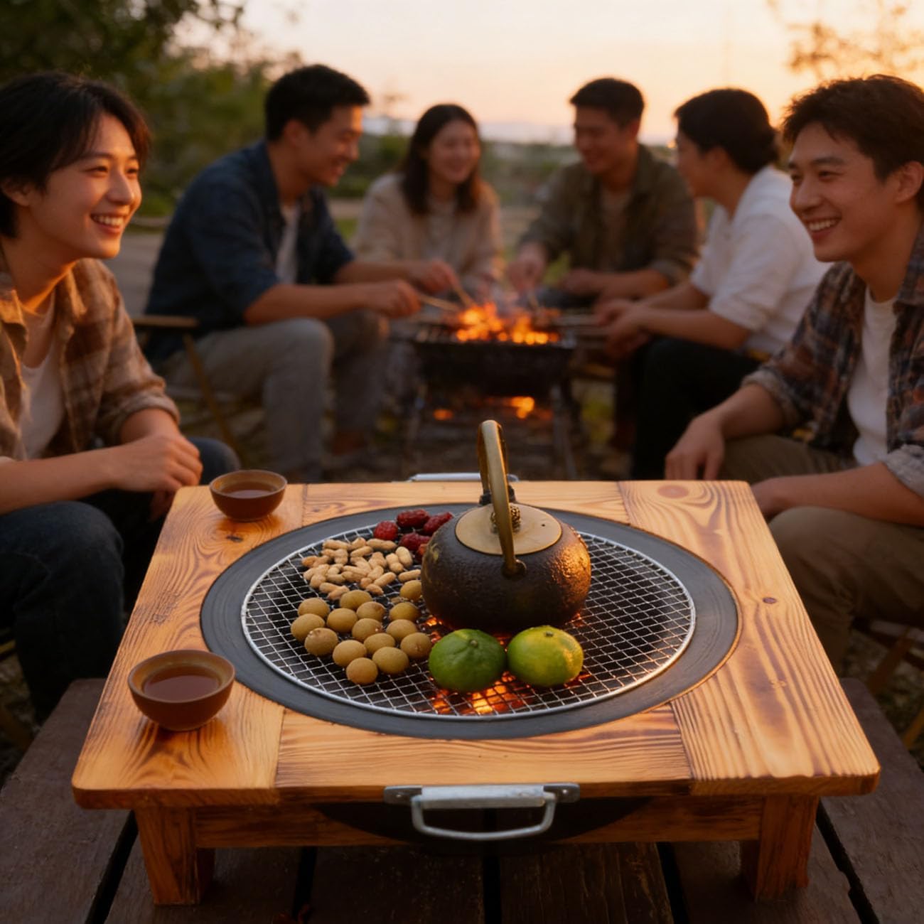 20 in Tabletop Fire Pit Tea Table - Wooden Fire Pit Table for Indoor/Outdoor Use, Portable Camping Fire Pit with Grill Grid for Tea Brewing & Food Warming &Bonfire and Picnic BBQ Grill