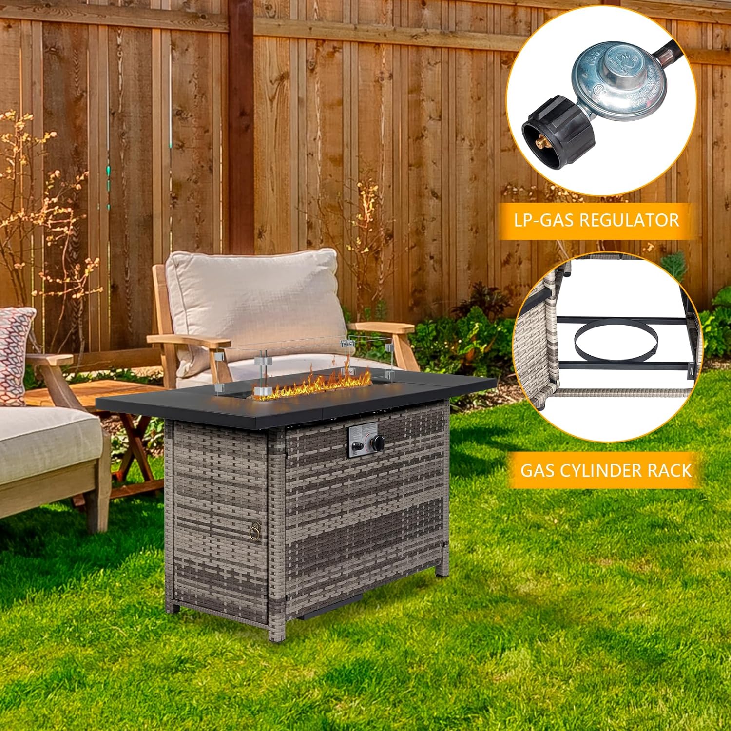 Fire Pit Table 43 Inch Outdoor Propane Gas Fire Pit for Outside 50,000 BTU Auto-Ignition Gas Firepit Outdoor Rattan Table with Glass Wind Guard and Cover Black