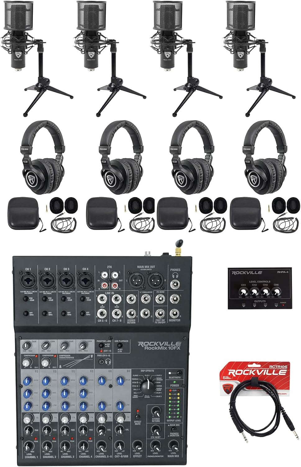 Rockville ROCKMIX 10FX Bundle: 10-Channel USB Mixer, (4) RCM PRO Condenser Microphones, (4) PRO-M50 Studio Headphones, RHPA4 Headphone Amplifier, (4) RDTS Mic Stands, RCTR106B 6 ft TRS Cable, 15-items