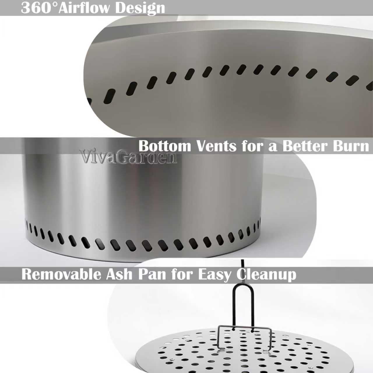 19.5 Inch Smokeless Fire Pit, VivaGarden Outdoor Wood Burning Fire Pit with Carry Bag, Stainless Steel Firepit for Camping, Backyard, Patio, Bonfire & Garden Gatherings (Silver)