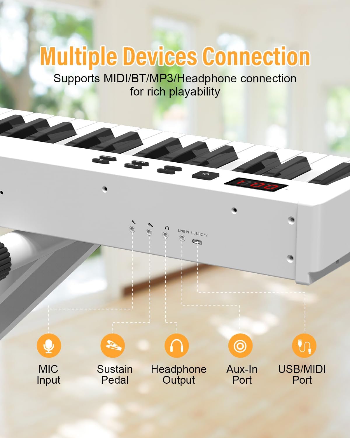 KONIX 88 Key Semi Weighted Keyboard Piano, Full Size Digital Piano with Double X Stand, Portable Keyboard Piano for Beginner Include Sustain Pedal, Power Supply and Piano Bag - White