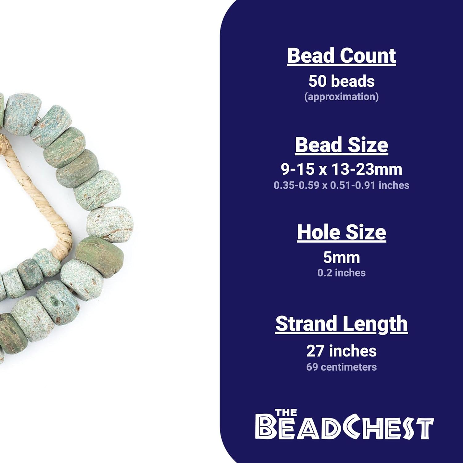 The Bead Chest Antique Green Hebron Kano Beads Natural 18mm West Africa African Cylinder Glass Large Hole 27 Inch Strand Handmade