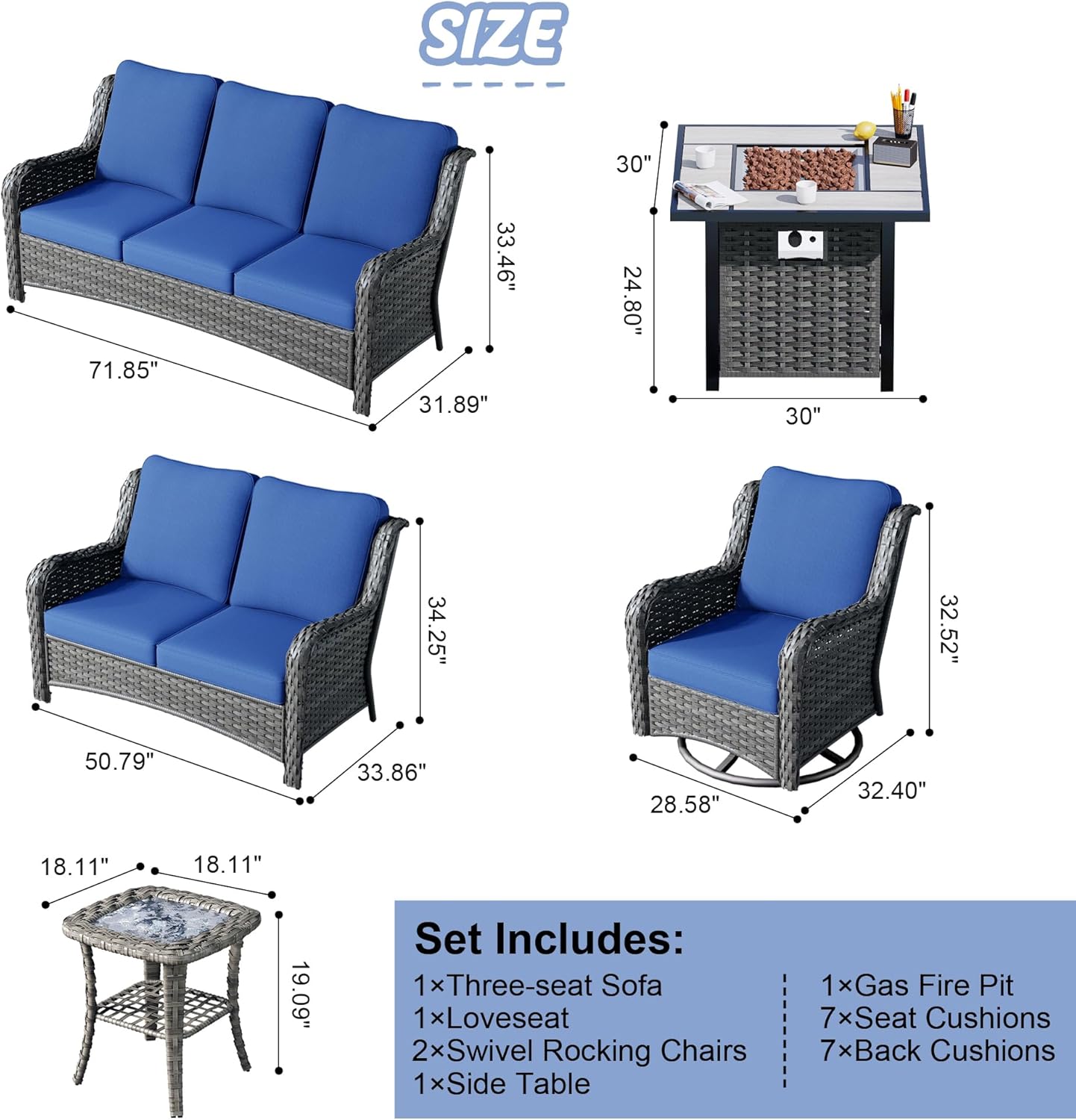 HOOOWOOO Patio Outdoor Furniture with Fire Pit Table,High Back 6 Piece Wicker Patio Conversation Set with Swivel Chairs,7 Person Couch Sofa Seating,Denim Blue
