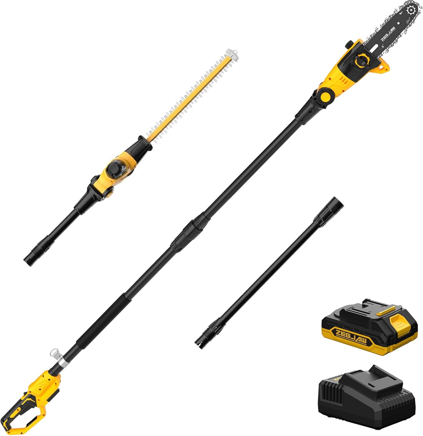 Pole Saw 8-Inch Cordless Tree Trimmer and 18-Inch Pole Hedge Trimmer 2-In-1, 15-Feet Max Reach, Auto Oiling, Telescoping Pole Chainsaw with 2.0Ah Battery & Charger