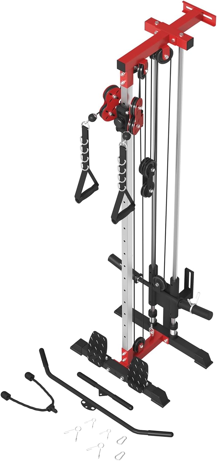 ER Kang Cable Station Wall Mount, 18in Pulley Tower, Dual Pulley System, High & Low Cable Machine, LAT Pull-Down & Row Tower with Flip-Up Footplate, Home Gym Cable Crossover (Red)