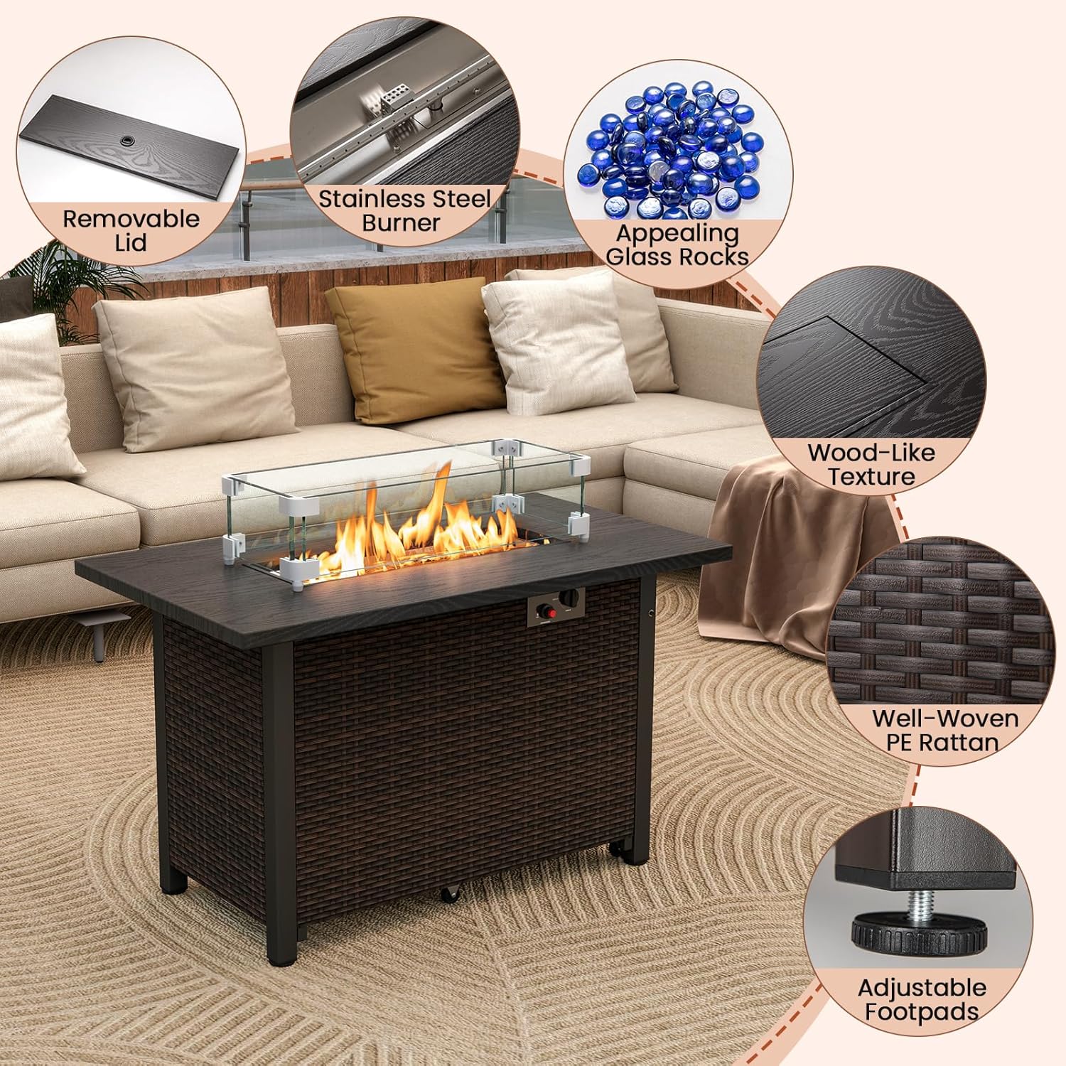 Tangkula Outdoor Propane Fire Pit Table, 42 Inch Rectangular Rattan Fire Table with Wind Guard & Glass Rocks, 50,000 BTU Smokeless Gas Fire Pit for Outside Patio (Brown)