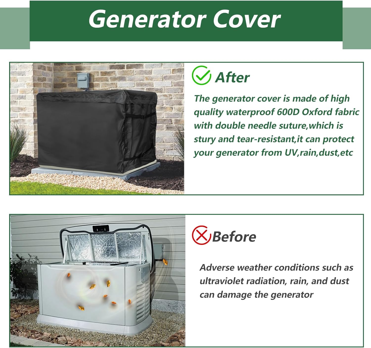Generator Cover,Heavy Duty 600D Waterproof Generator Cover for 7043 22kW Air Cooled Series Home Standby Generator, Black