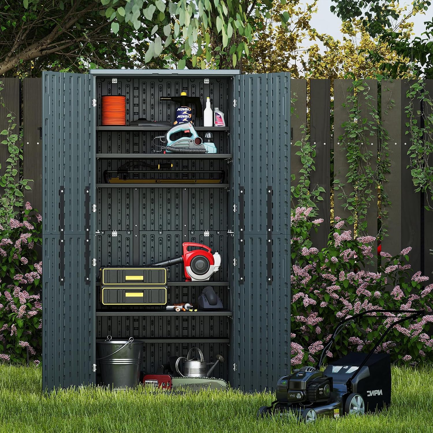 30 Cubic Ft. Vertical Resin Outdoor Storage Shed with Lockable Double Doors,Tall Storage Cabinet with 4 Shelves, Weather-Resistant Multi-Wall Panels,Storage Shed for Patio, Garden, Yard, Grey