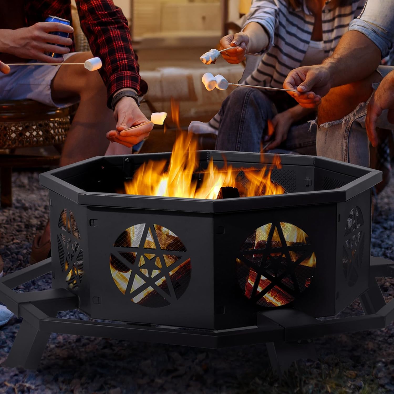 43 inch Fire Pit for Outside, Heavy Duty Wood Burning Fire Pits with Fire Poker, Outdoor Octagonal Firepit for Camping, Yard, Patio