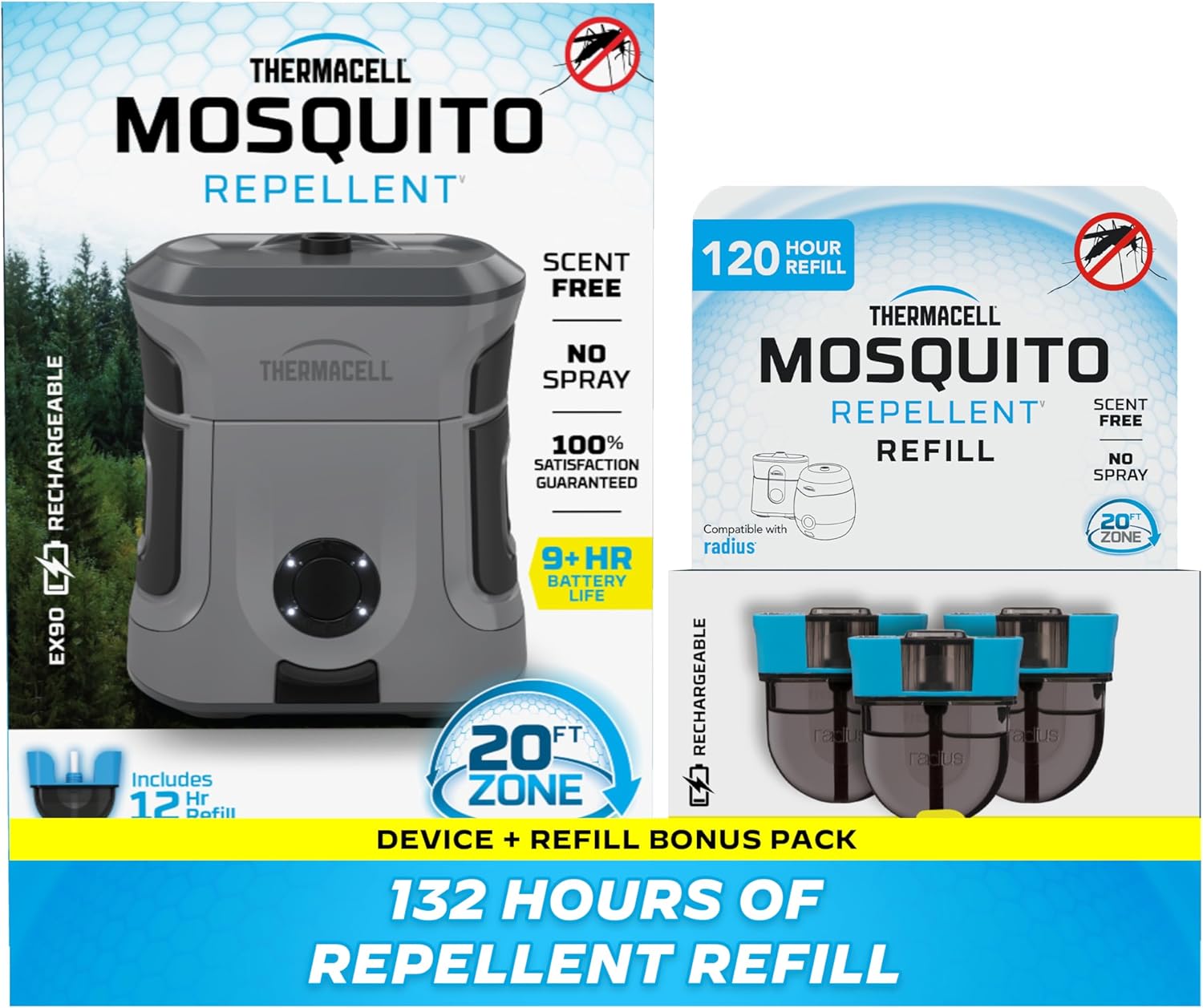 Thermacell Mosquito Repellent Rechargeable Adventure EX-Series EX90; Patio Shield with 9-Hour Battery, Includes 12-Hour Refill, Rubber Armor & Carabiner; Scent Free Bug Spray Alternative