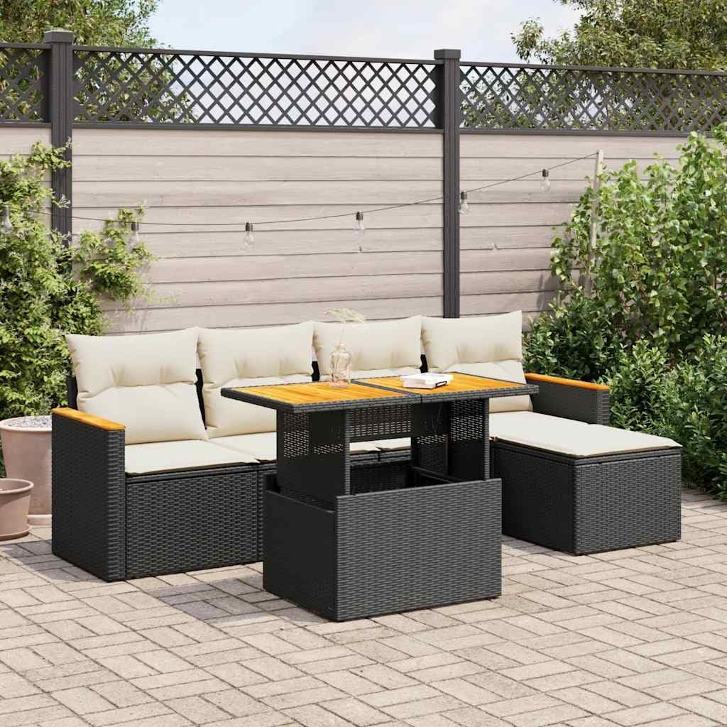6-Piece Outdoor Garden Sofa Set with Acacia Wood Table, Modern Woven Poly Rattan Furniture for Patio and Backyard, Weather-Resistant Steel Frame and Removable Cushions,