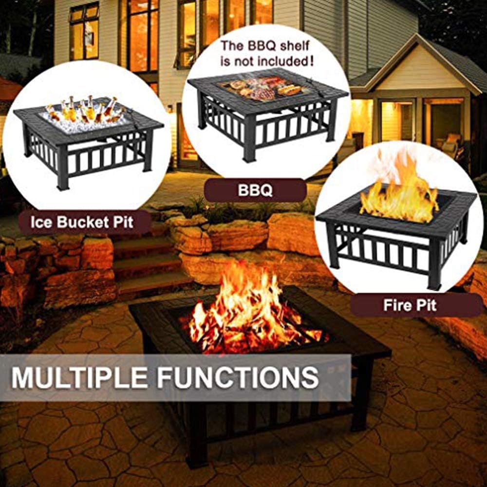 32 inch Outdoor Square Metal Firepit for Home BBQ, Wood Burning Fire Pit with Poker for Backyard Patio Garden Stove Camping Picnic Bonfire with Spark Screen Cover, 32