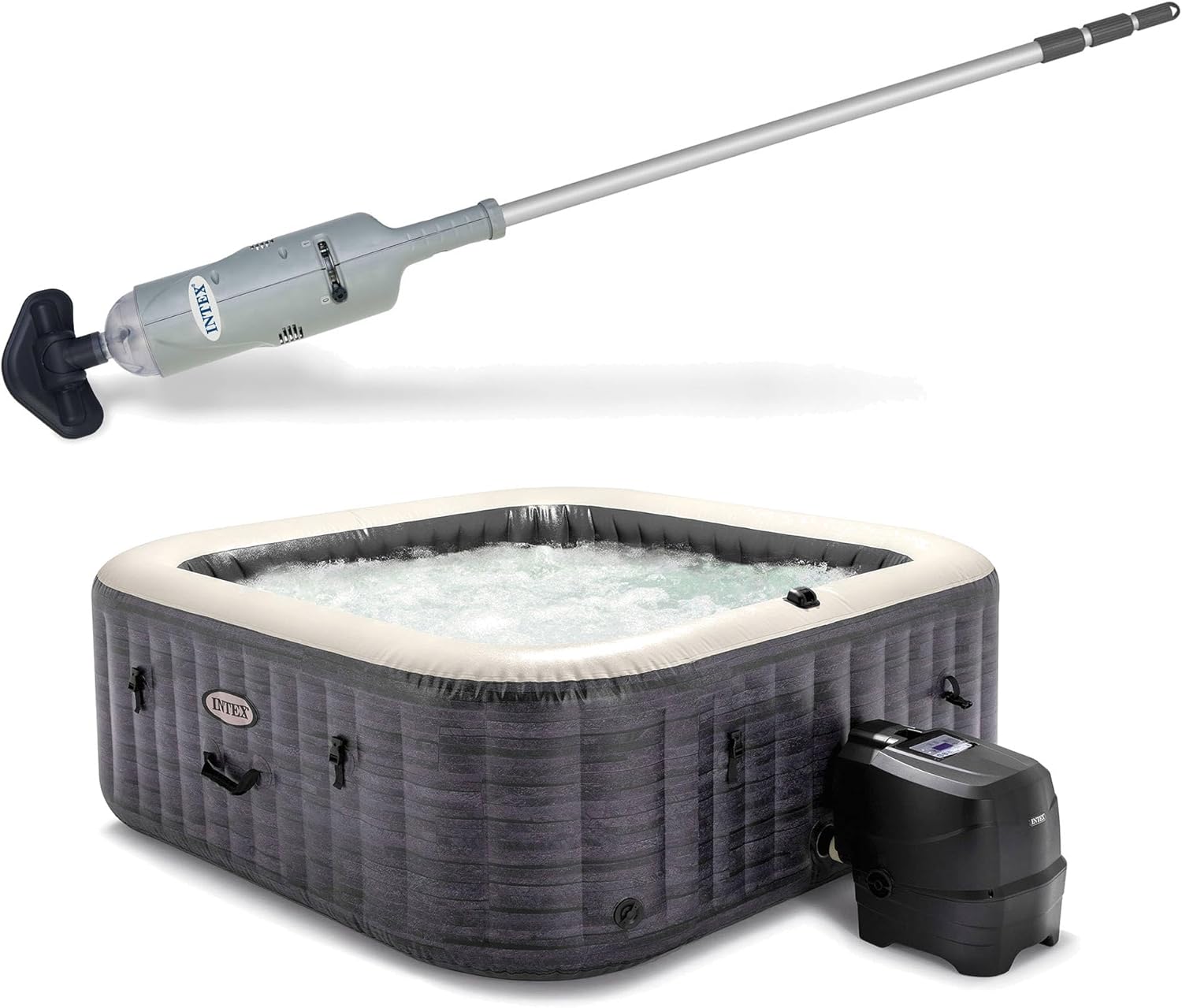 Intex Rechargeable Handheld Pool Vacuum Cleaner with 2 Brush Heads and PureSpa Plus 6 Person Inflatable Square Hot Tub with 170 AirJets, Greystone