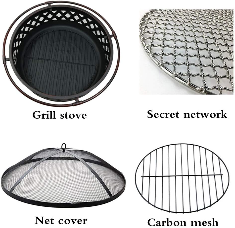 Fire Bowls for Garden, Fire Pit with BBQ Grill Shelf Outdoor Metal Brazier Star Moon Shape Garden Patio Heater Camping Bowl BBQ with Grill, Mesh Lid (Black),Grid