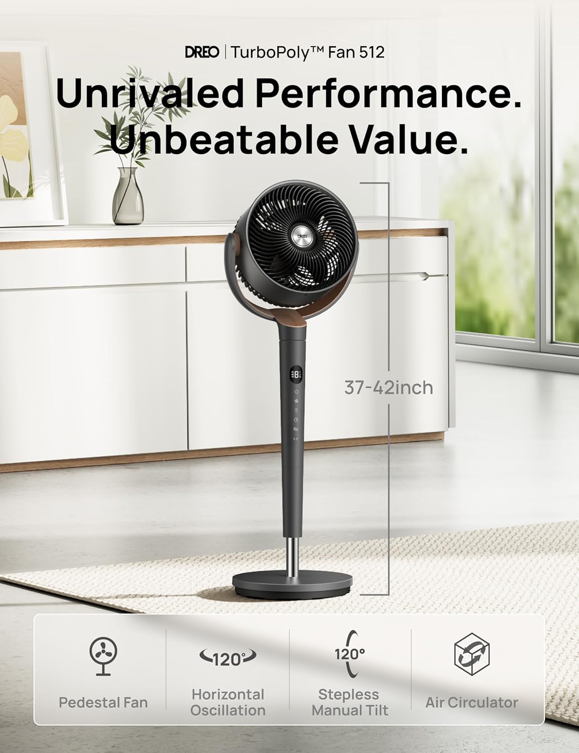 Dreo Fan for Bedroom, 120° Oscillating Standing Fans, Quiet Floor Fan with DC Motor, 100ft Pedestal Fans for Room, 9 Speeds, 4 modes, 20dB, 120° Manual Vertical, 37-42