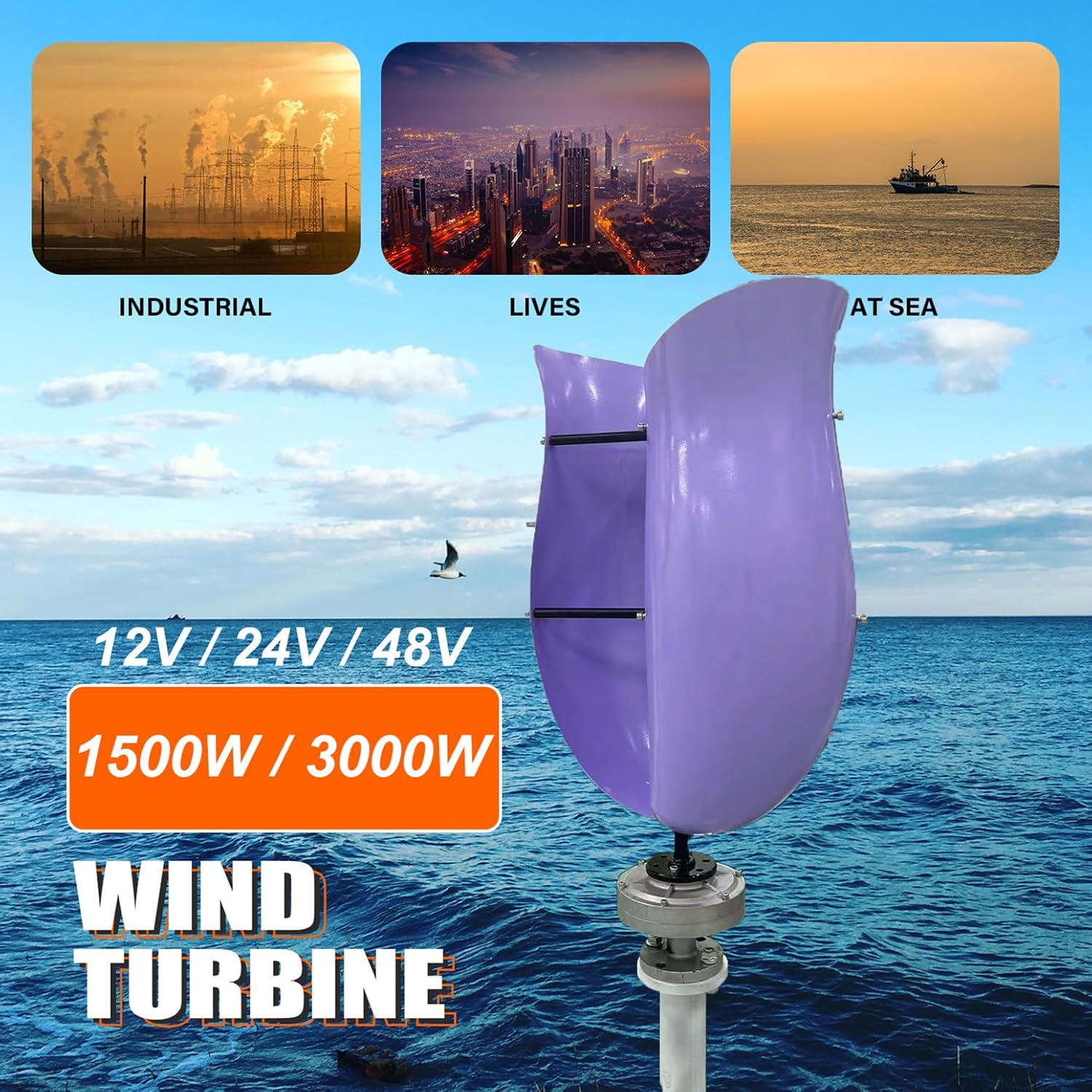 1500W / 3000W Wind Turbine Generator Kit 12V / 24V / 48V 2-Blade Vertical Axis Wind Turbine Generator, Maglev Generator with MPPT Controller, Purple Electricity Producer Equipment,1500w,48V