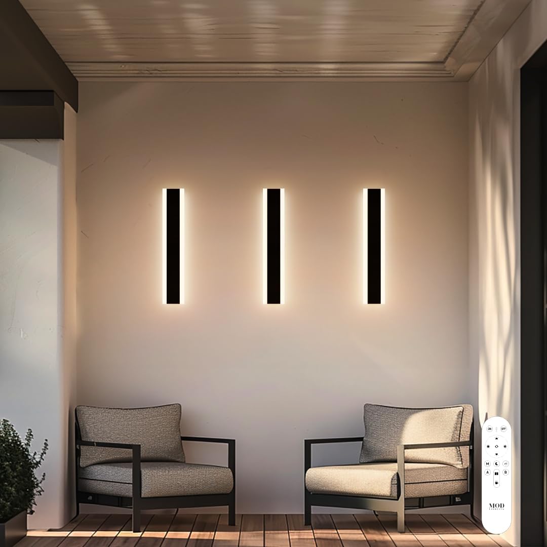 𝗠𝗢𝗗 𝗟𝗜𝗚𝗛𝗧𝗜𝗡𝗚 Haylen | Waterproof Outdoor Wall Light, LED Dimmable with Remote 3000K-6000K, Long Outdoor Porch Lights, Wired Lighting Fixture, Patio Exterior Wall Sconce, 2-Pack (Black, 24