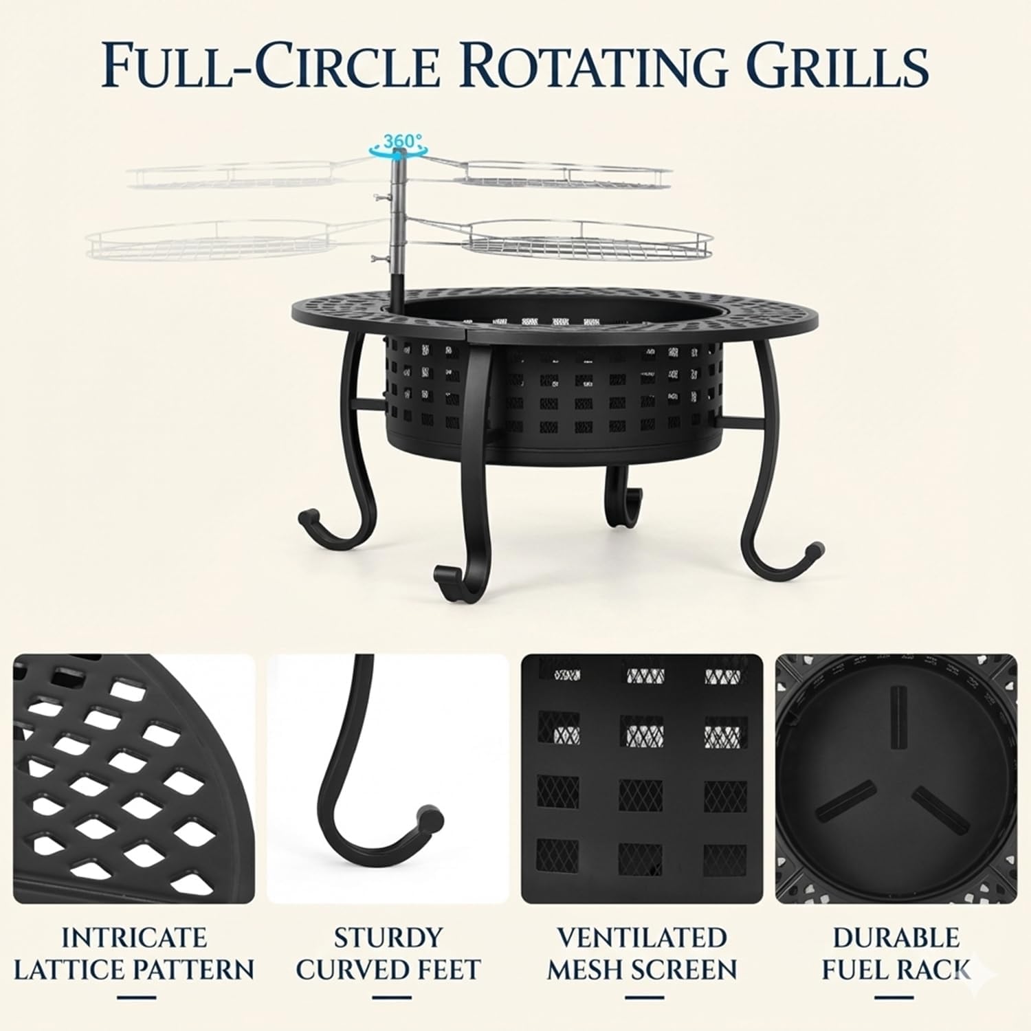 Dkelincs 36 Inch 3-in-1 Fire Pit Table, Wood Burning Outdoor Fire Pit with Rotating Grill & Lid for BBQ, Bonfire, Patio (Black)