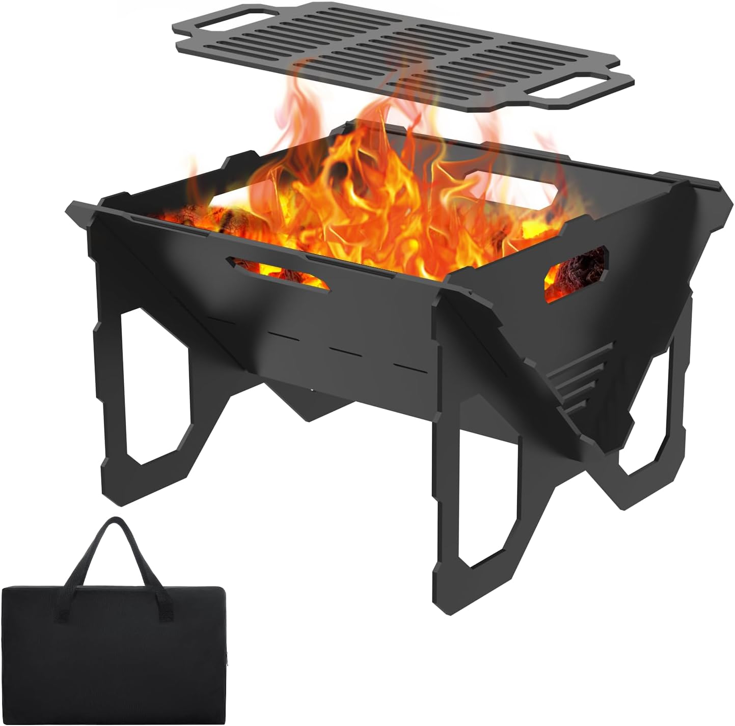 ACCPO Fire Pit 20 inch Outdoor Portable 2 in 1 Wood Burning Fire Pit Heavy Duty Steel Fire Pit for Patio & Backyard Bonfire BBQ Camping Grill Grate (Black)