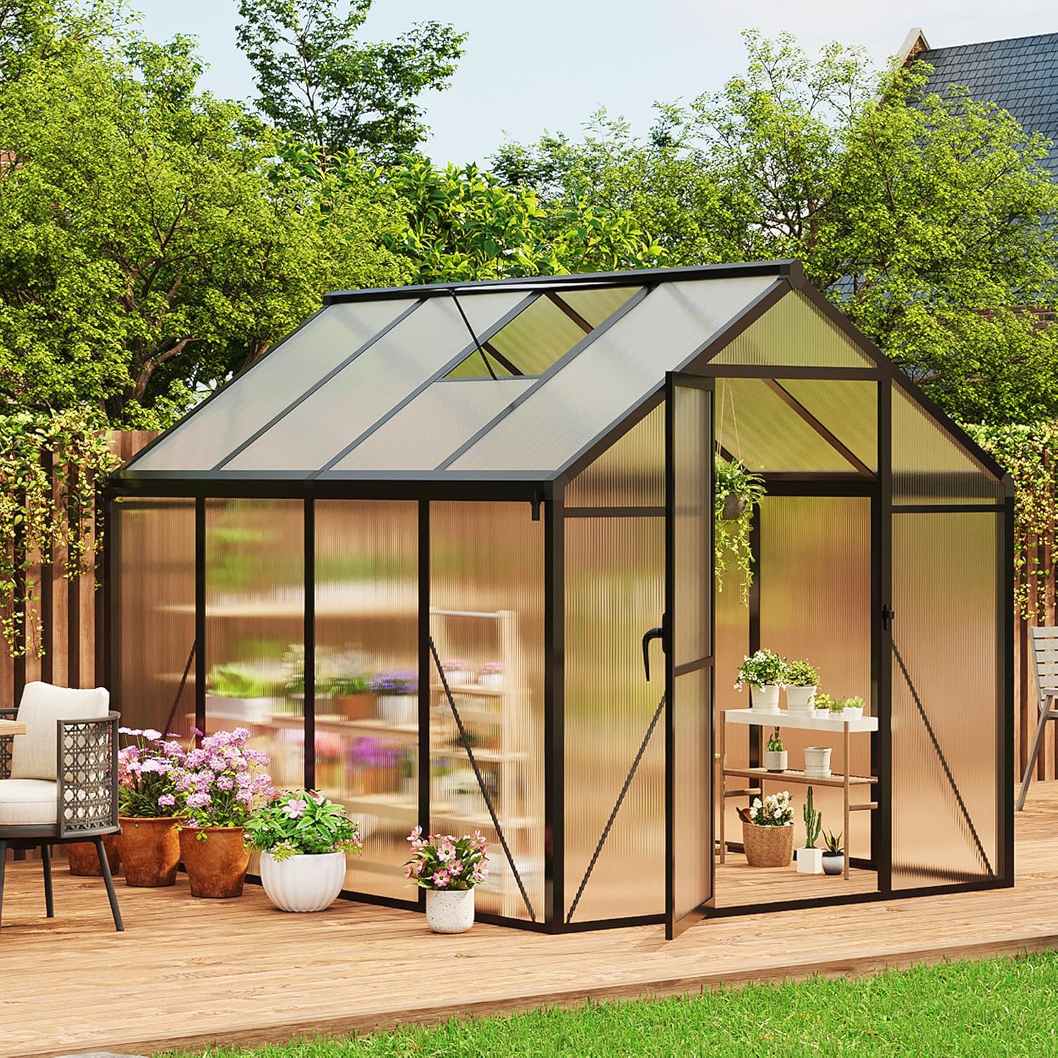 6X10FT Outdoor Greenhouse, Aluminum Polycarbonate Green House, Green Houses for Outside with Sliding Doors, Ajustable Roof Vent, Withstands Bad Weather for Garden, or Backyard, Black