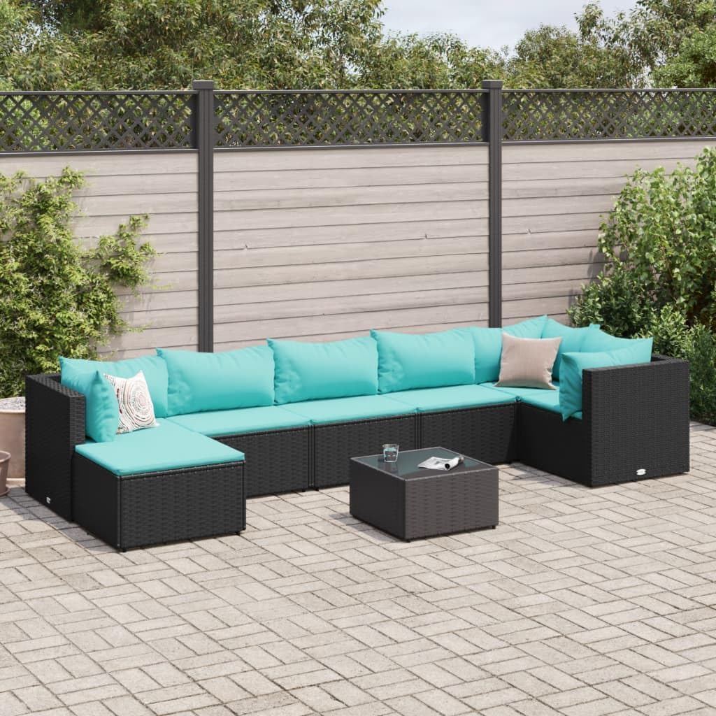 8 Piece Patio Lounge Set with Cushions Black Poly Rattan,Outdoor Patio Furniture Set with PE Rattan Sofa Chairs and Tempered Glass Table for Backyard, Terrace, or Garden Patio Furniture Sets, Outdoor